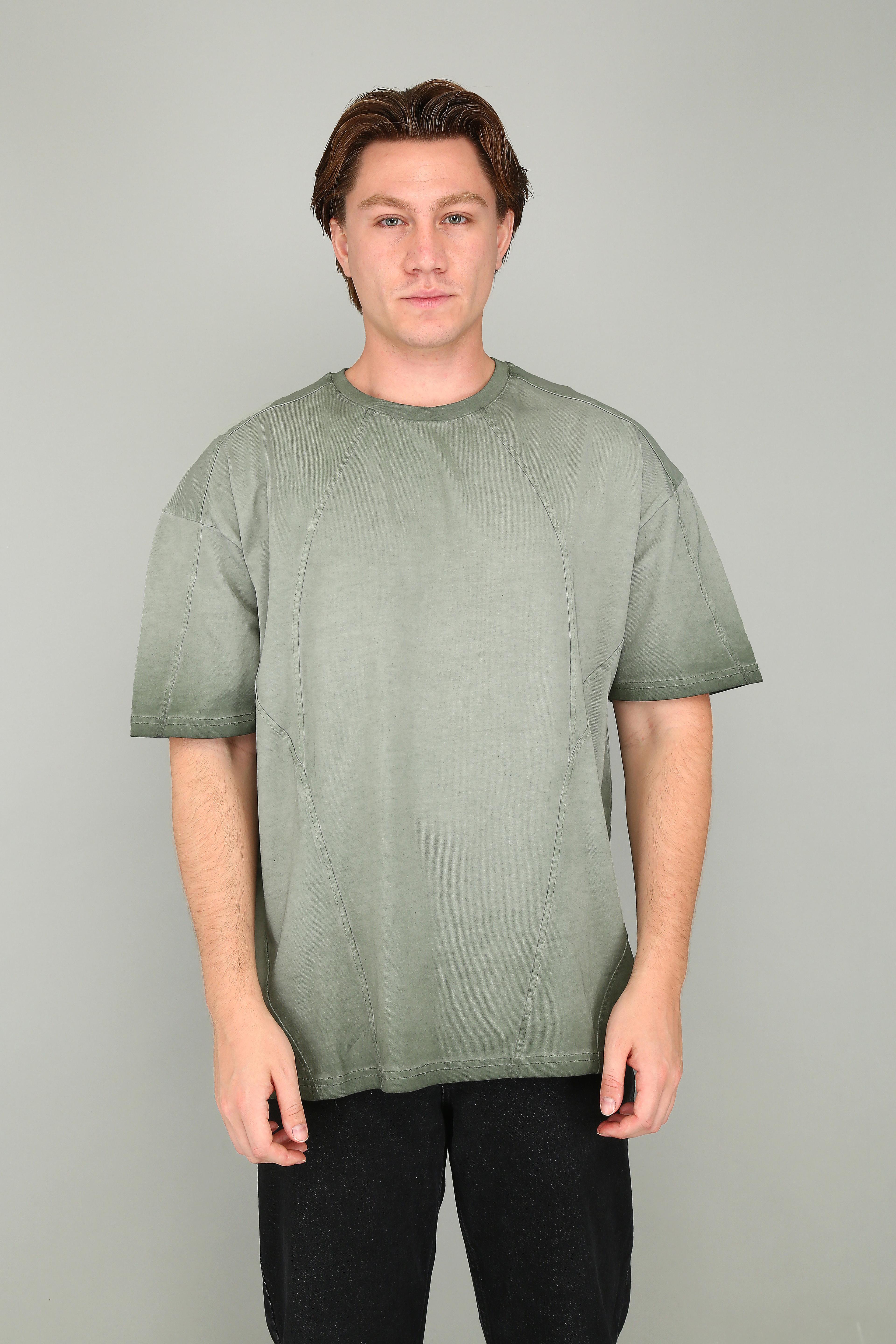 Vintage Dikiş Detaylı Haki Oversize Tişört image