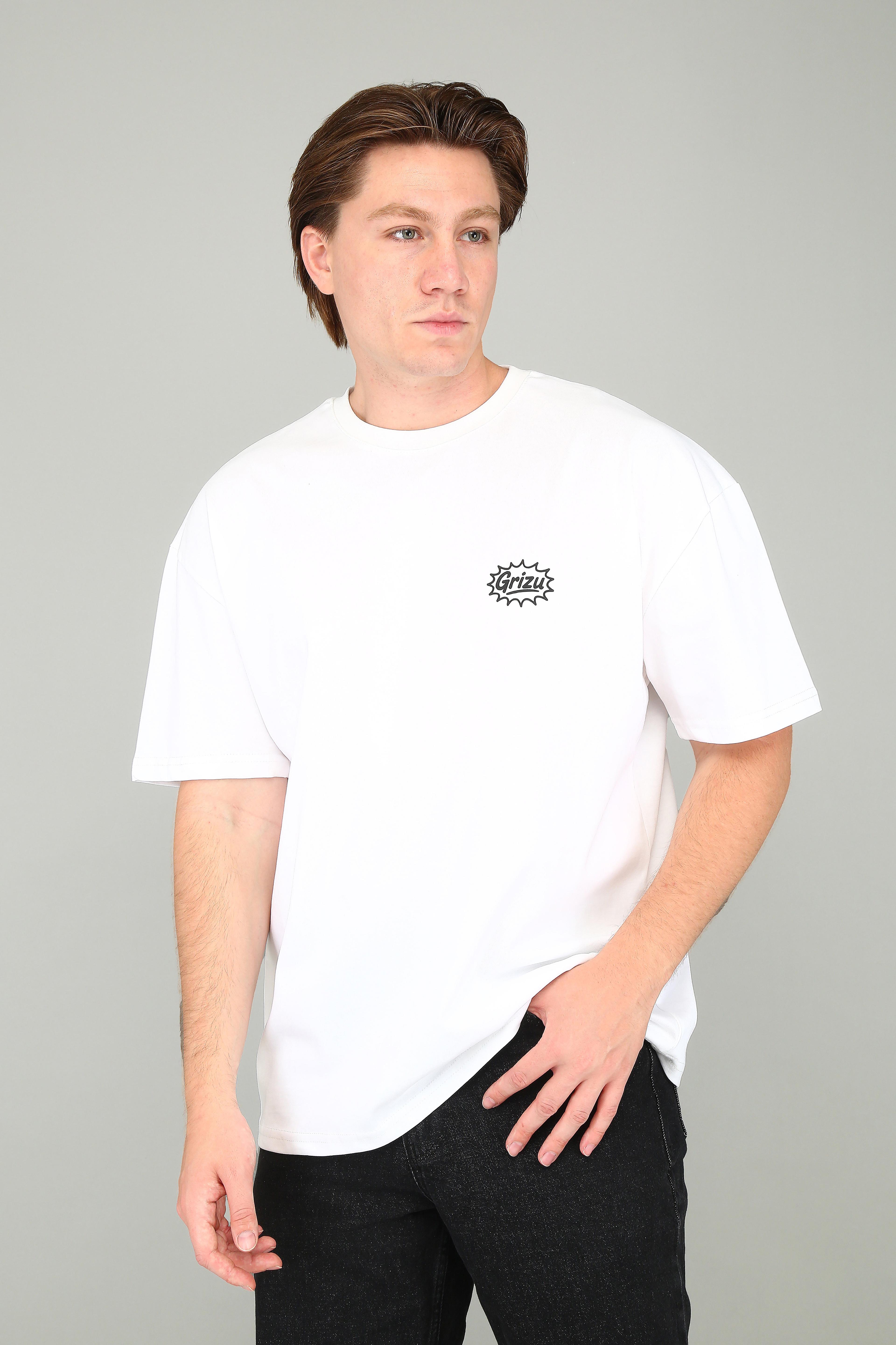 "Grizu Burst -  Siyah Minimal Logo Baskılı Beyaz Oversize Tişört"