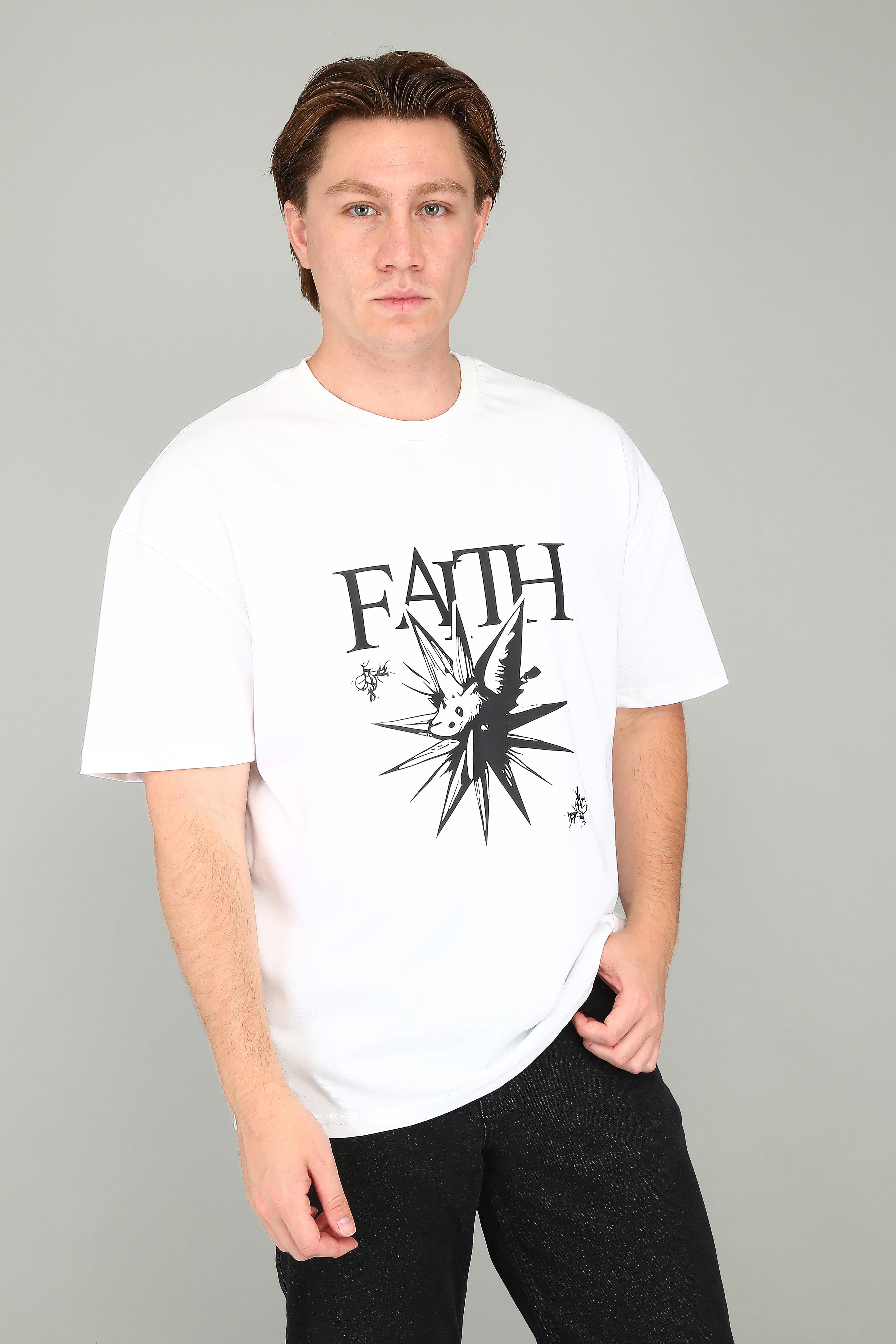 Faith Oversize Baskılı Beyaz Tişört