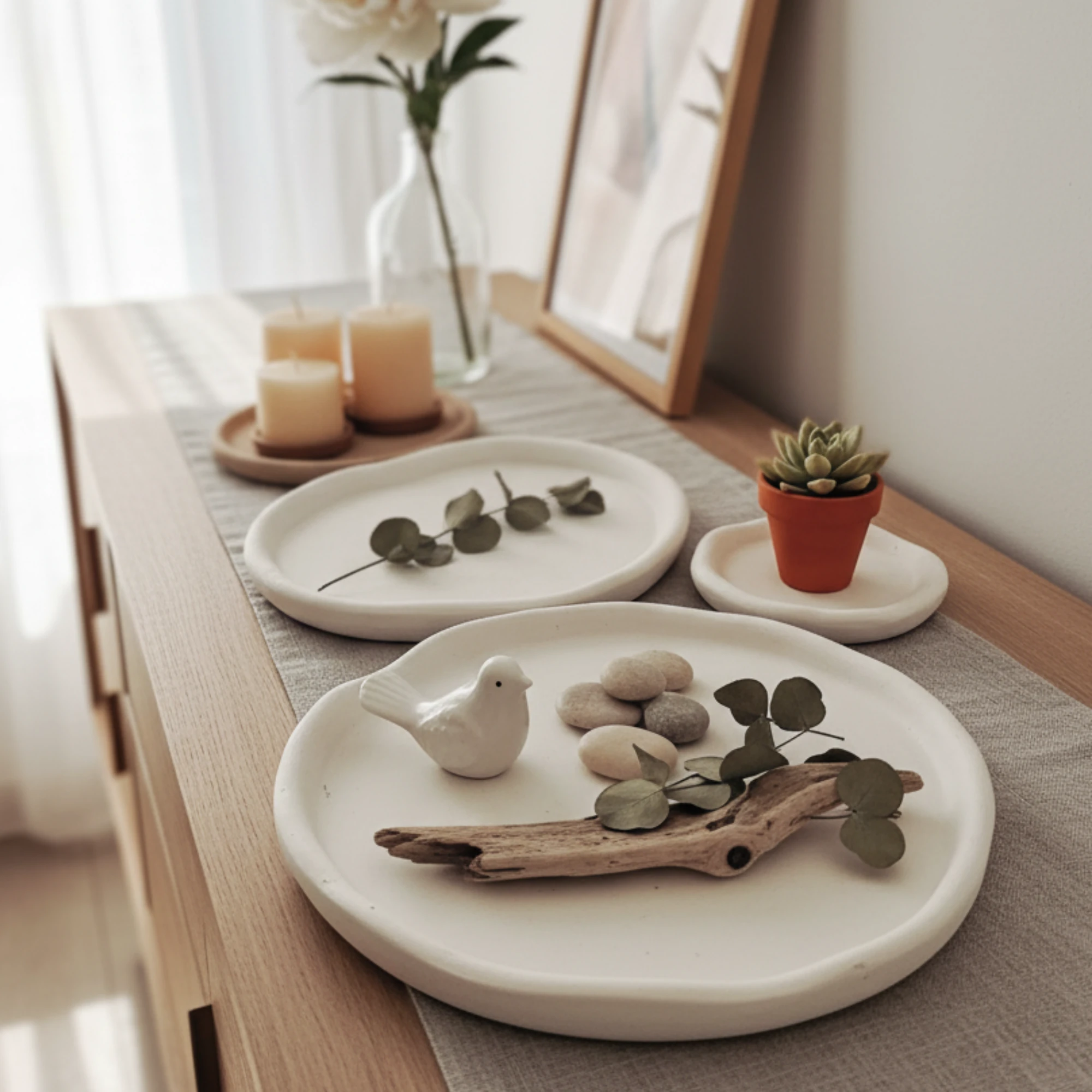 Utaylife El Yapımı Büyük Yuvarlak Beton Tepsi, Minimalist 3'lü Set  Parça Tabak