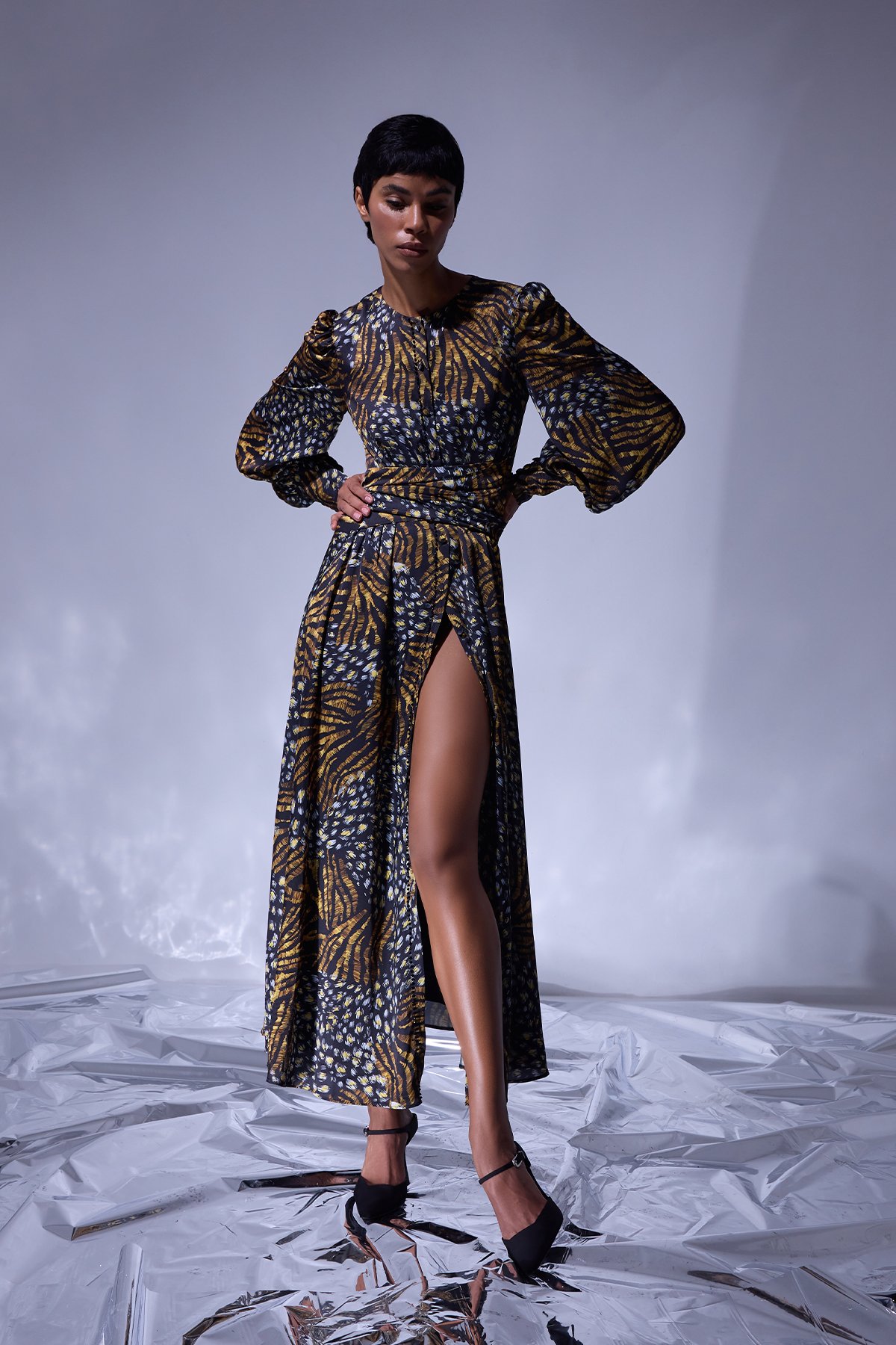 Leopard print hand embroidered long dress