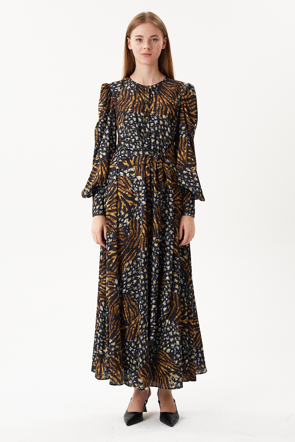 Leopard print hand embroidered long dress