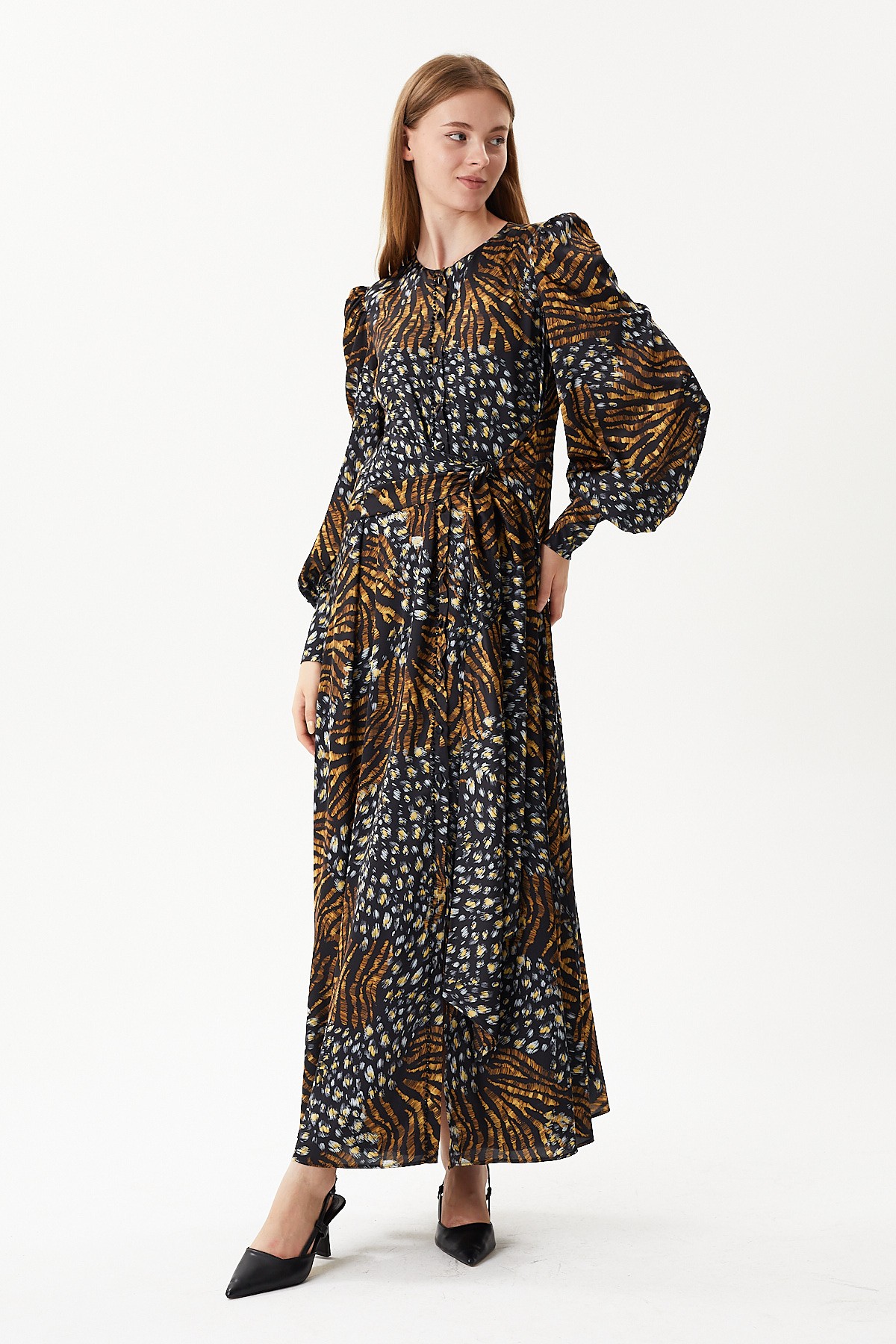 Leopard print hand embroidered long dress