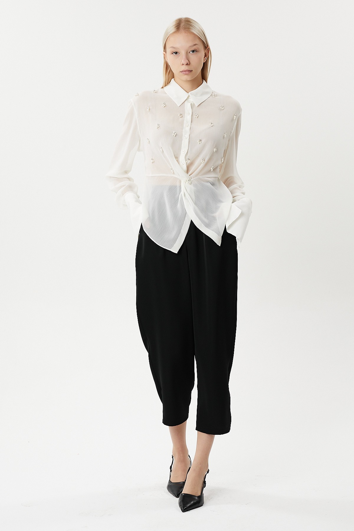 Hand-embroidered chiffon shirt with sparkling embroidery detail