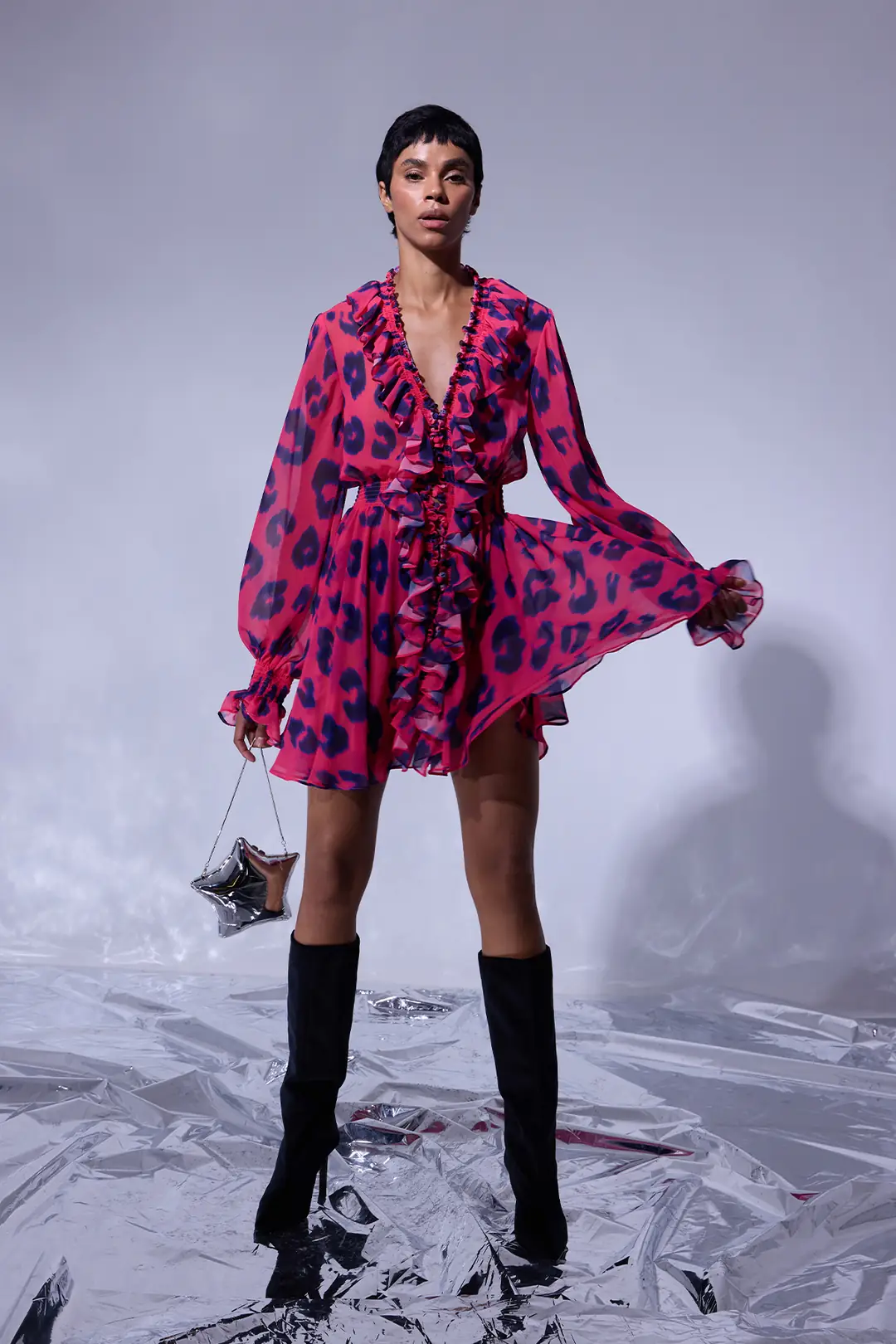 purple cheetah dress Runway Purple Cheetah Dress Women's Leopard Print Long Sleeve Bodycon Mini  Dress With Gloves