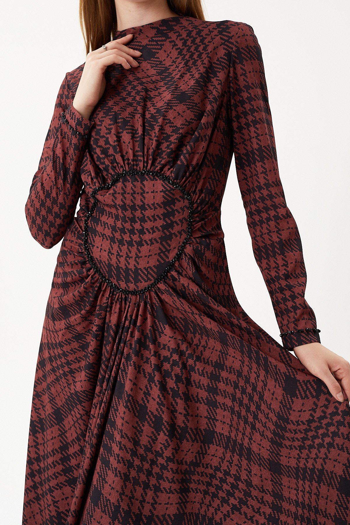 Long dress with plaid pattern and hand embroidery on the front