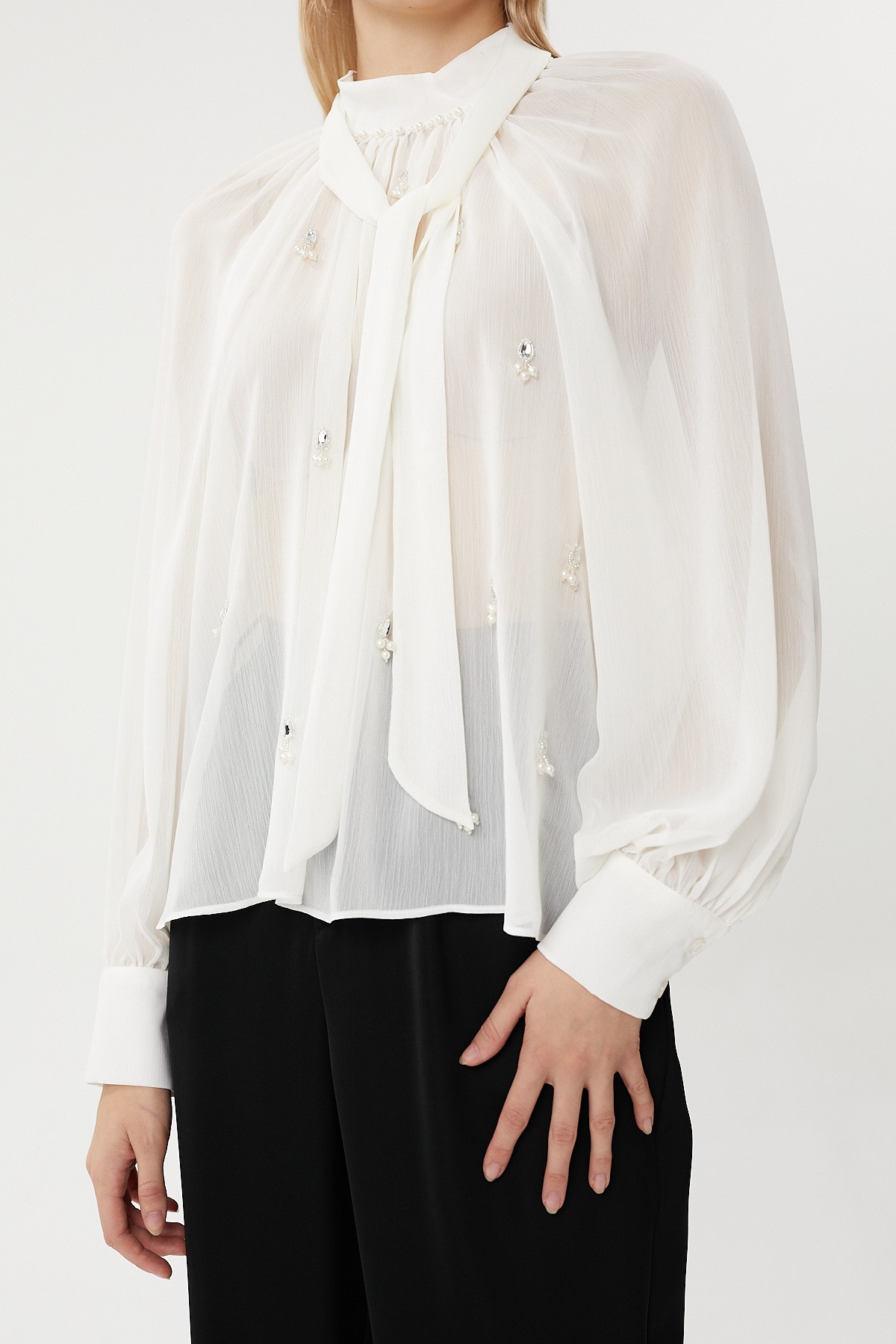 Hand Embroidered Shiny Loose Fit Chiffon Shirt 