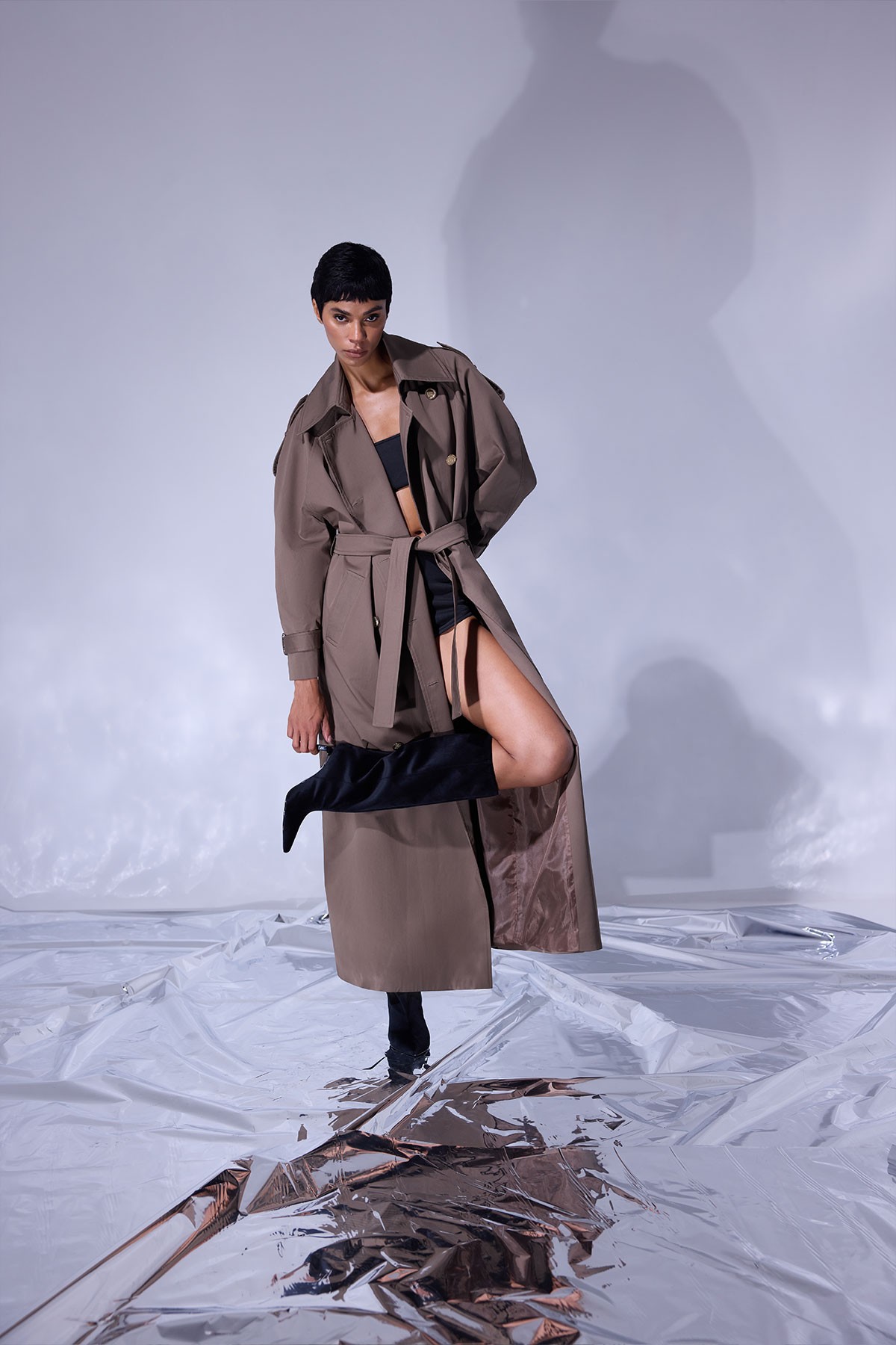 Oversize Cotton Blend Belted Trench Coat with Gold Plated Buttons