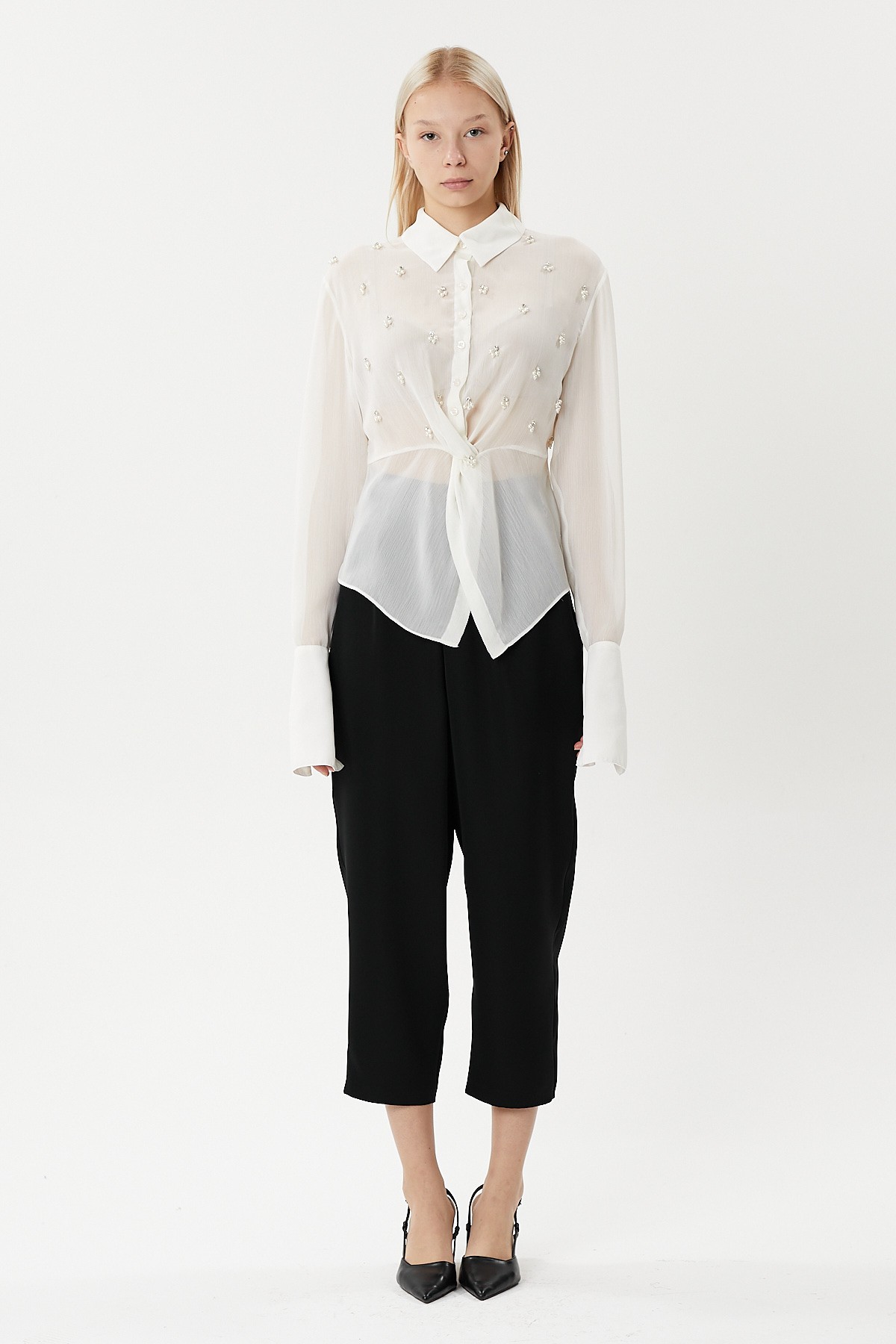 Hand-embroidered chiffon shirt with sparkling embroidery detail