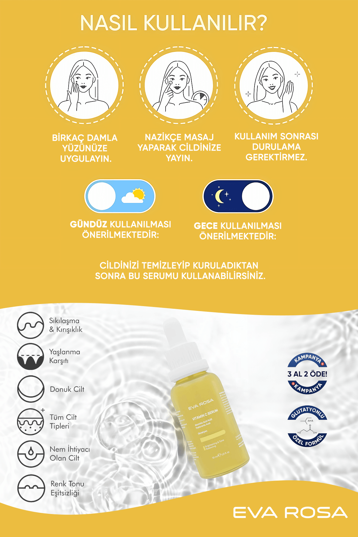 Aydınlatıcı, Ton Eşitleyici, Leke Karşıtı, Glutatyonlu Vitamin C Serum 30 ml