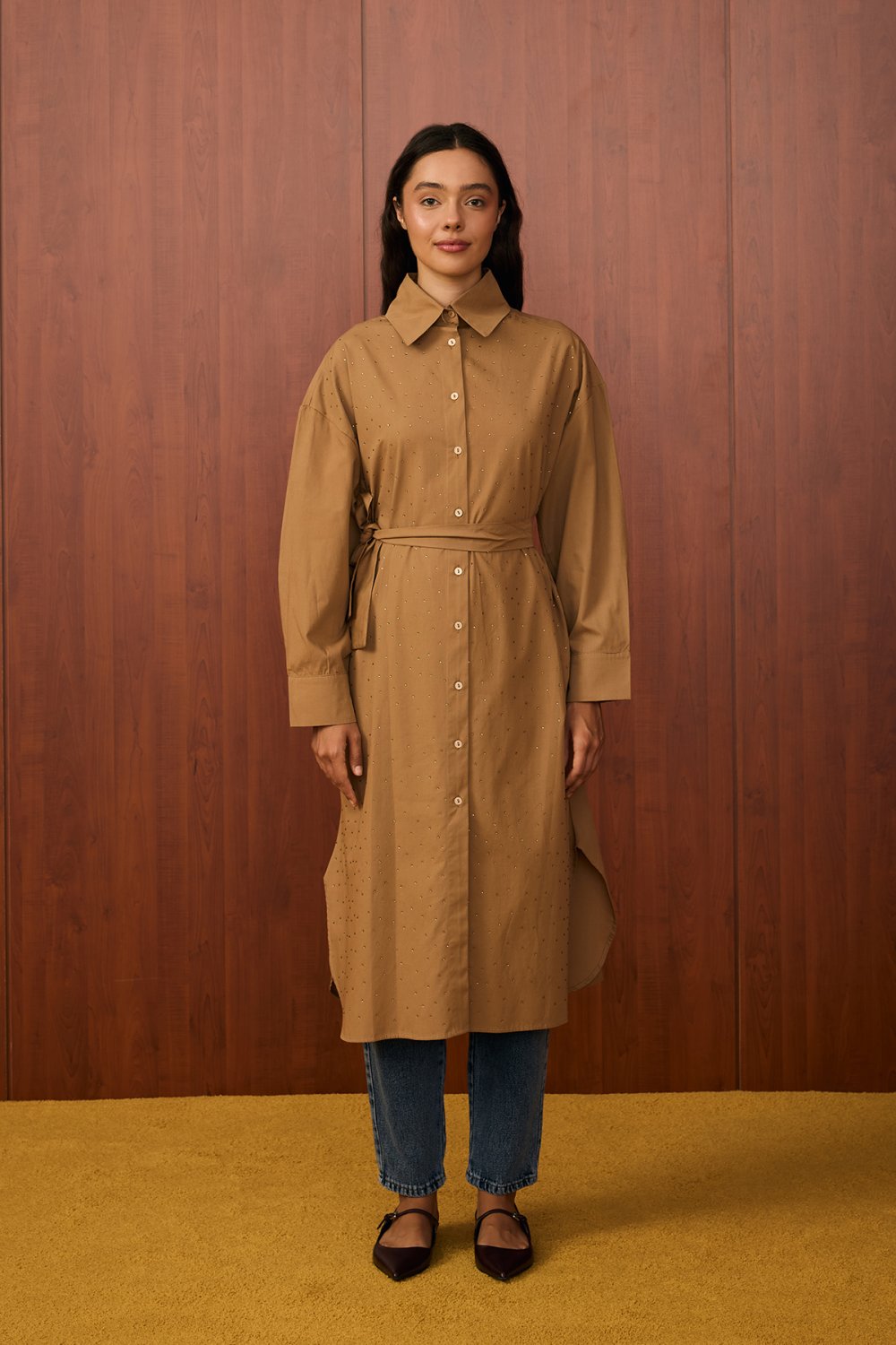 MRW1579-SHİNE UZUN GÖMLEK - CAMEL image