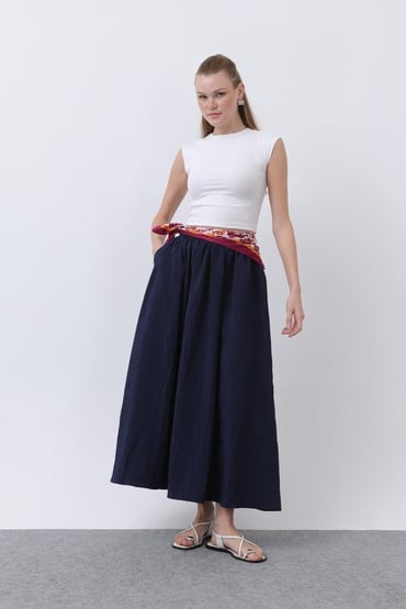 32335-TENCEL BELİ LASTİKLİ ETEK - LACIVERT image