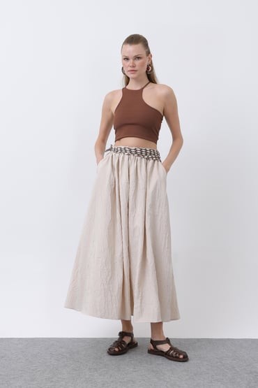 32335-TENCEL BELİ LASTİKLİ ETEK - BEJ image