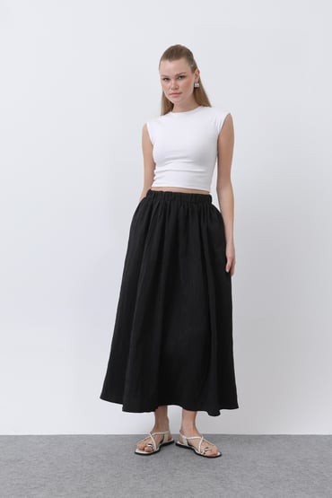32335-TENCEL BELİ LASTİKLİ ETEK - SIYAH image