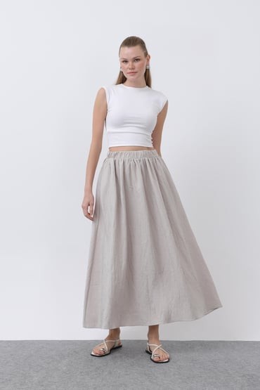 32335-TENCEL BELİ LASTİKLİ ETEK - TAŞ image