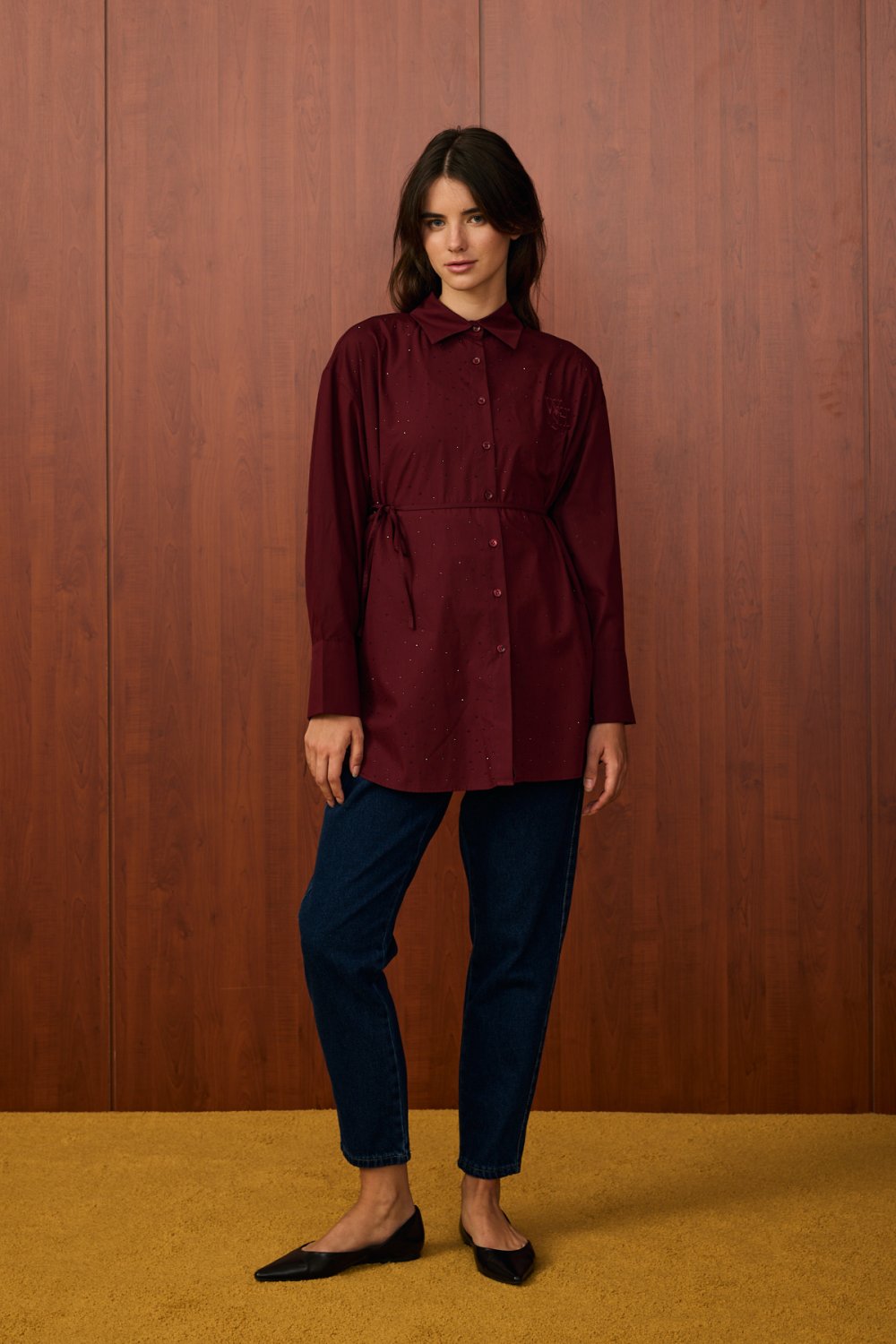 MRW1580-SHİNE KISA GÖMLEK - BORDO image