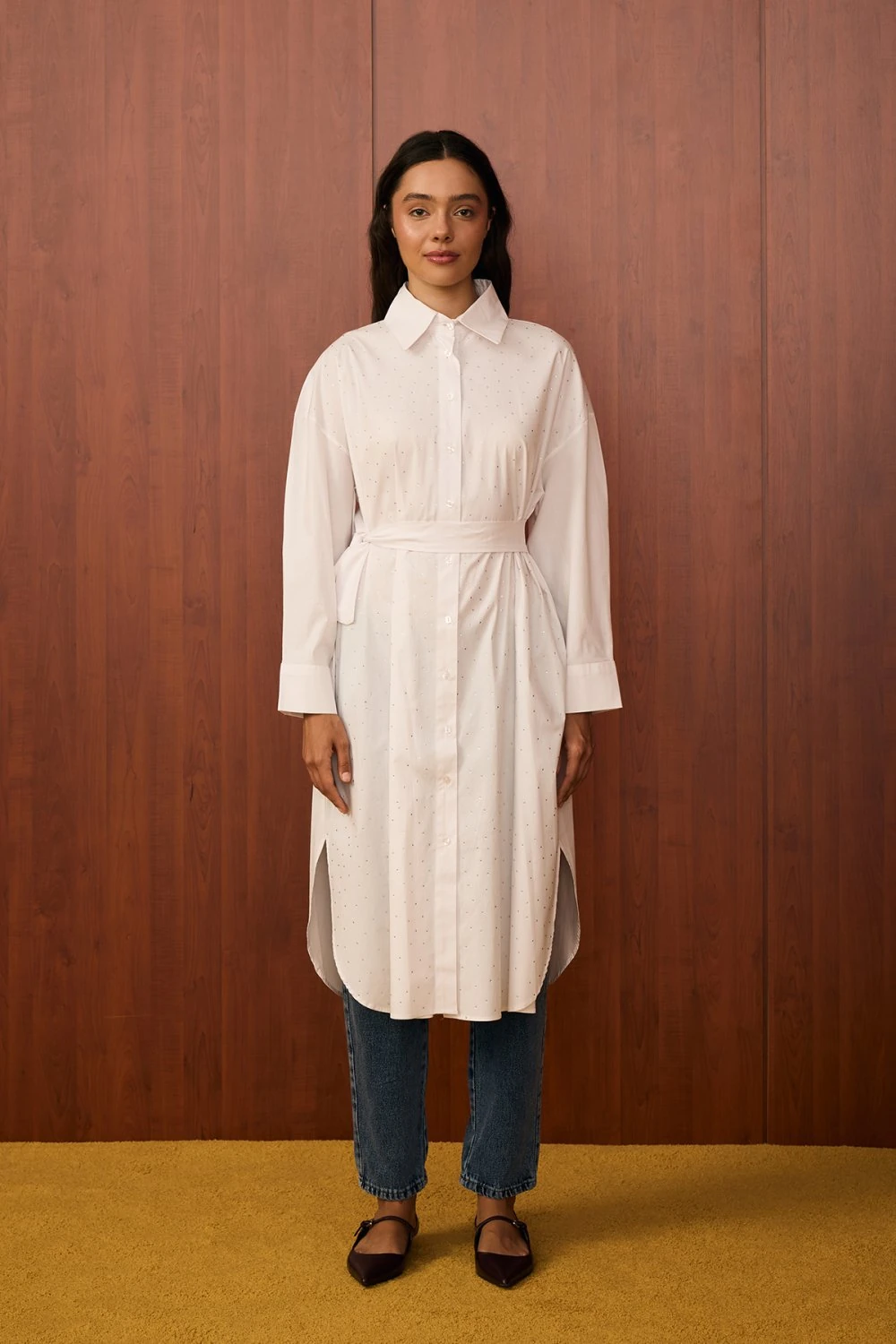 MRW1579-SHİNE UZUN GÖMLEK - BEYAZ image