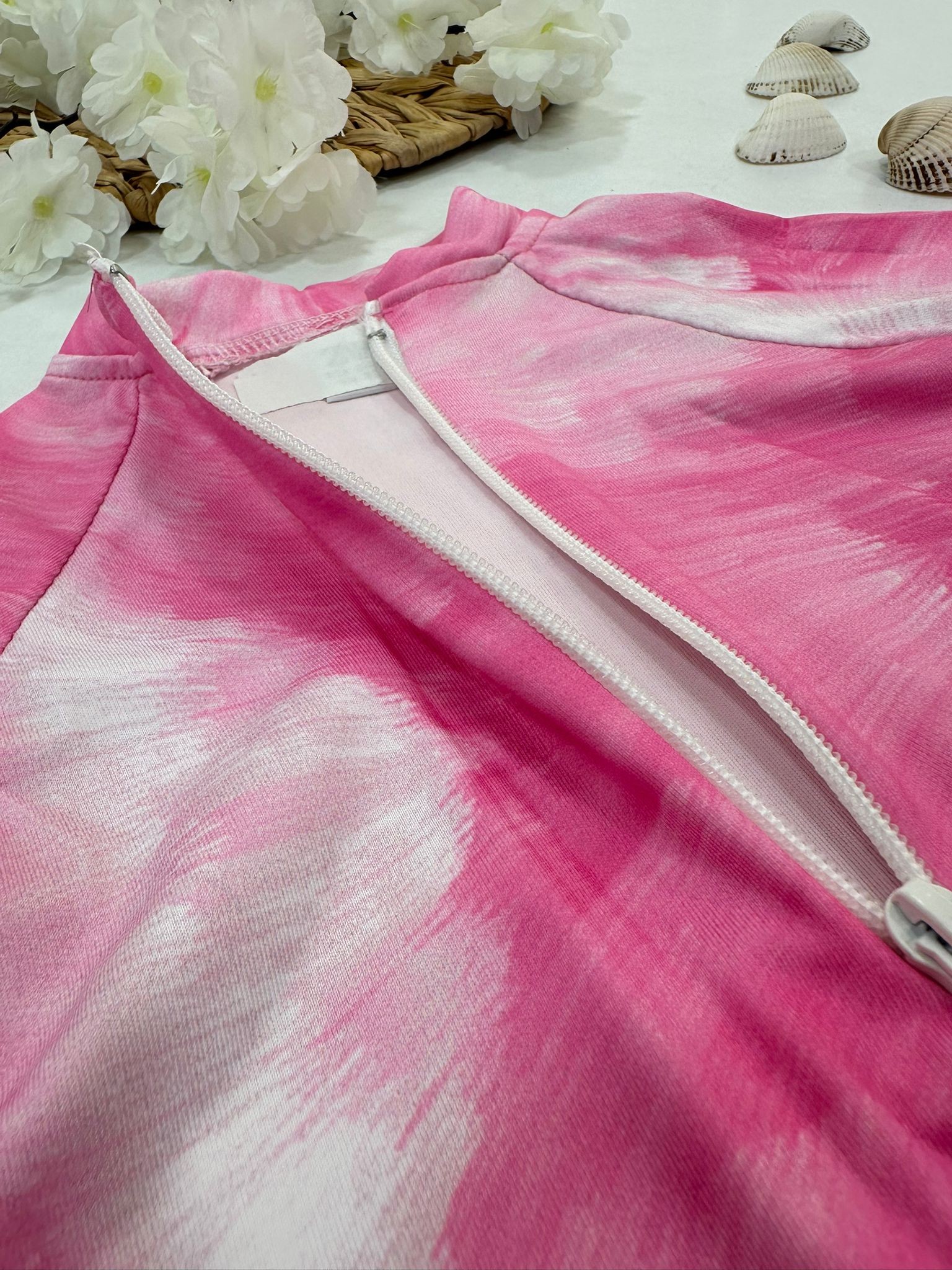 Pembe Fırça Desenli Kız Çocuk Mayo Tulum
