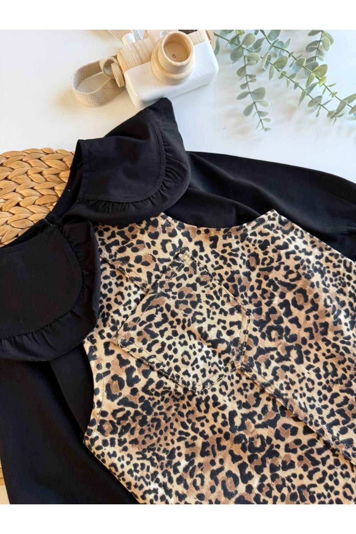 KIZ ÇOCUK LEOPAR DESENLİ ELBİSE TAKIMI
