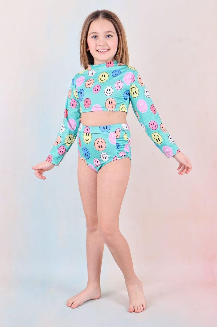Renkli Smiley Desenli Kız Çocuk Uzun Kollu Bikini Takımı