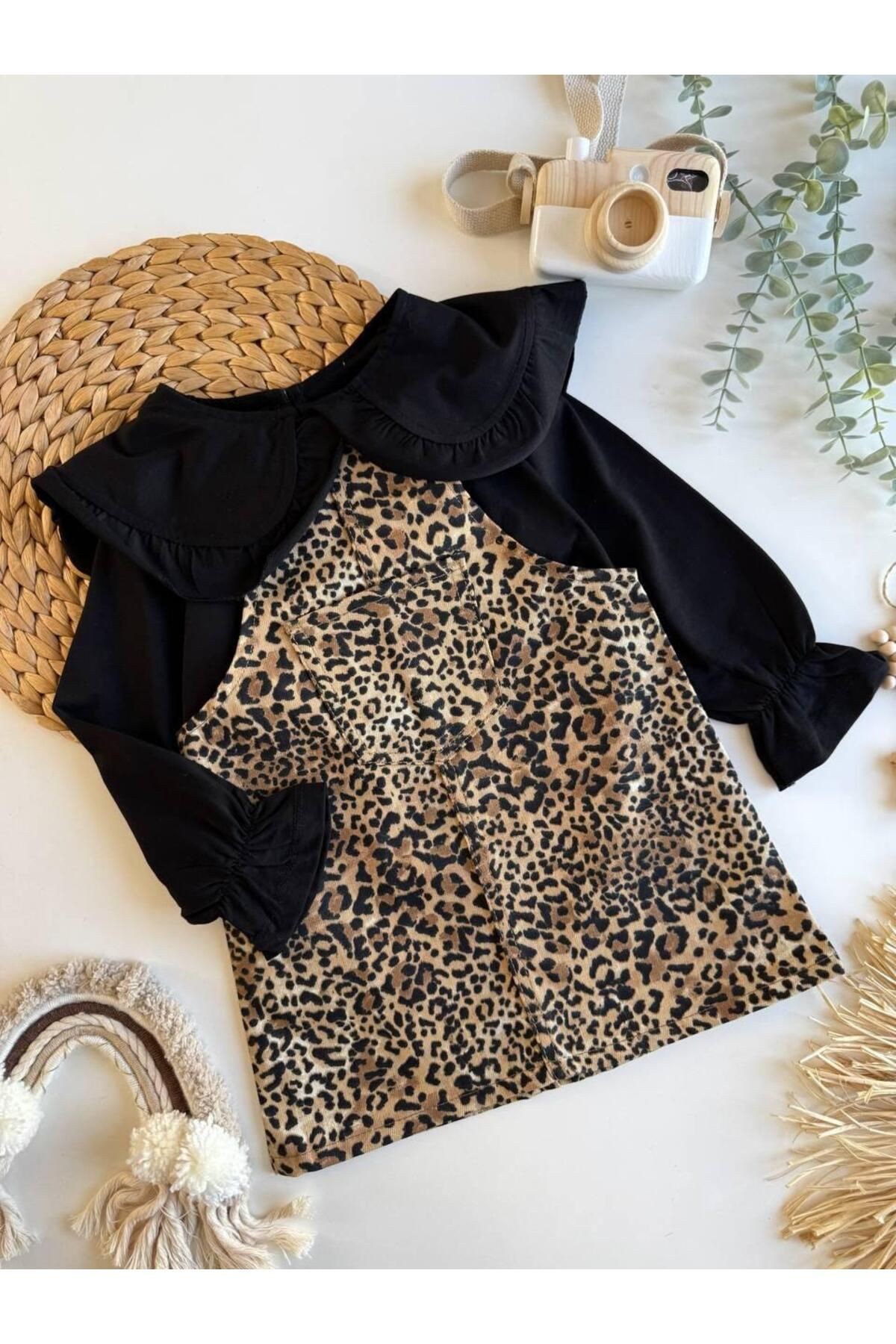 KIZ ÇOCUK LEOPAR DESENLİ ELBİSE TAKIMI