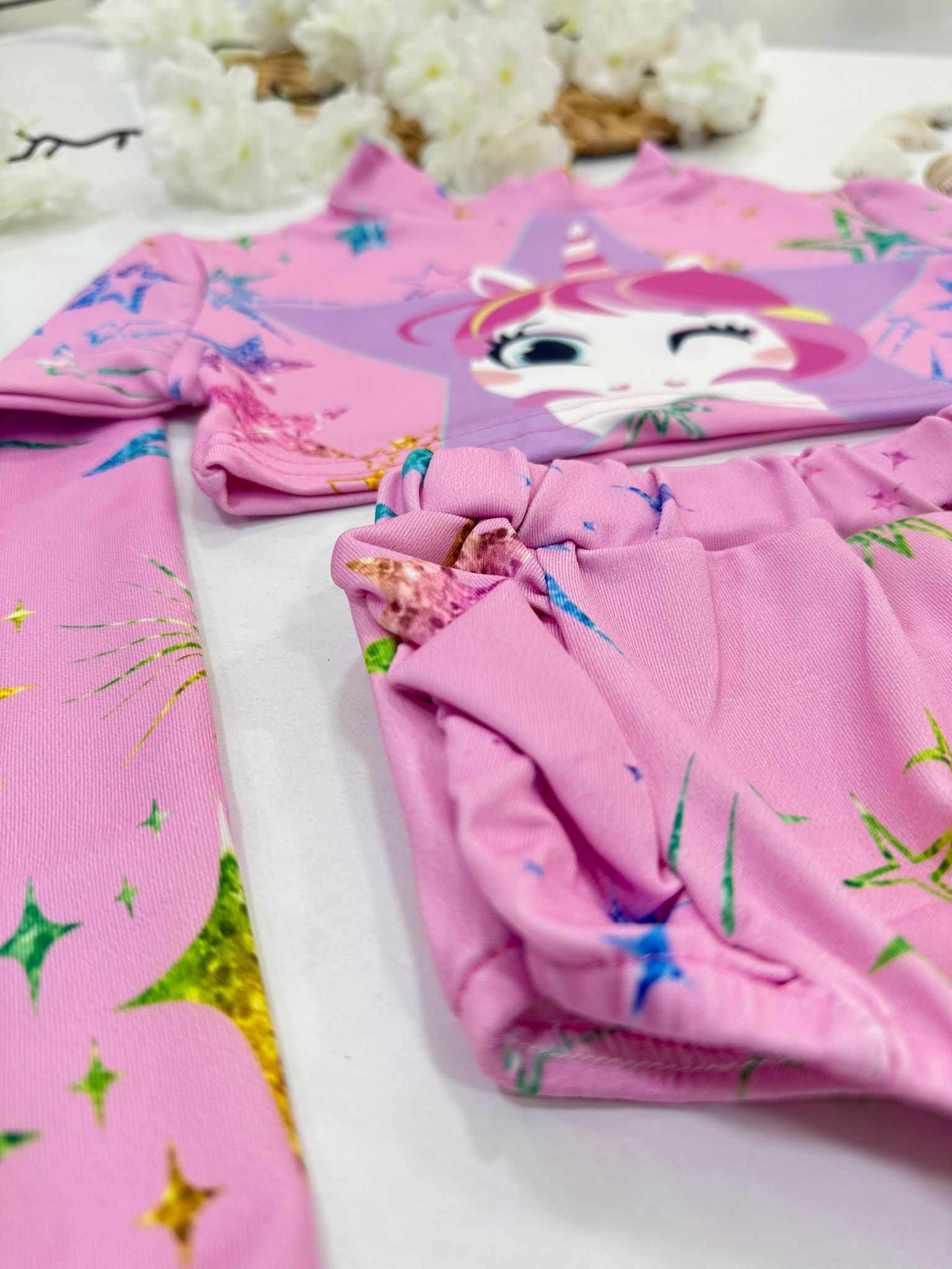 Pembe Unicorn ve Yıldız Desenli Kız Çocuk Uzun Kollu Bikini Takımı