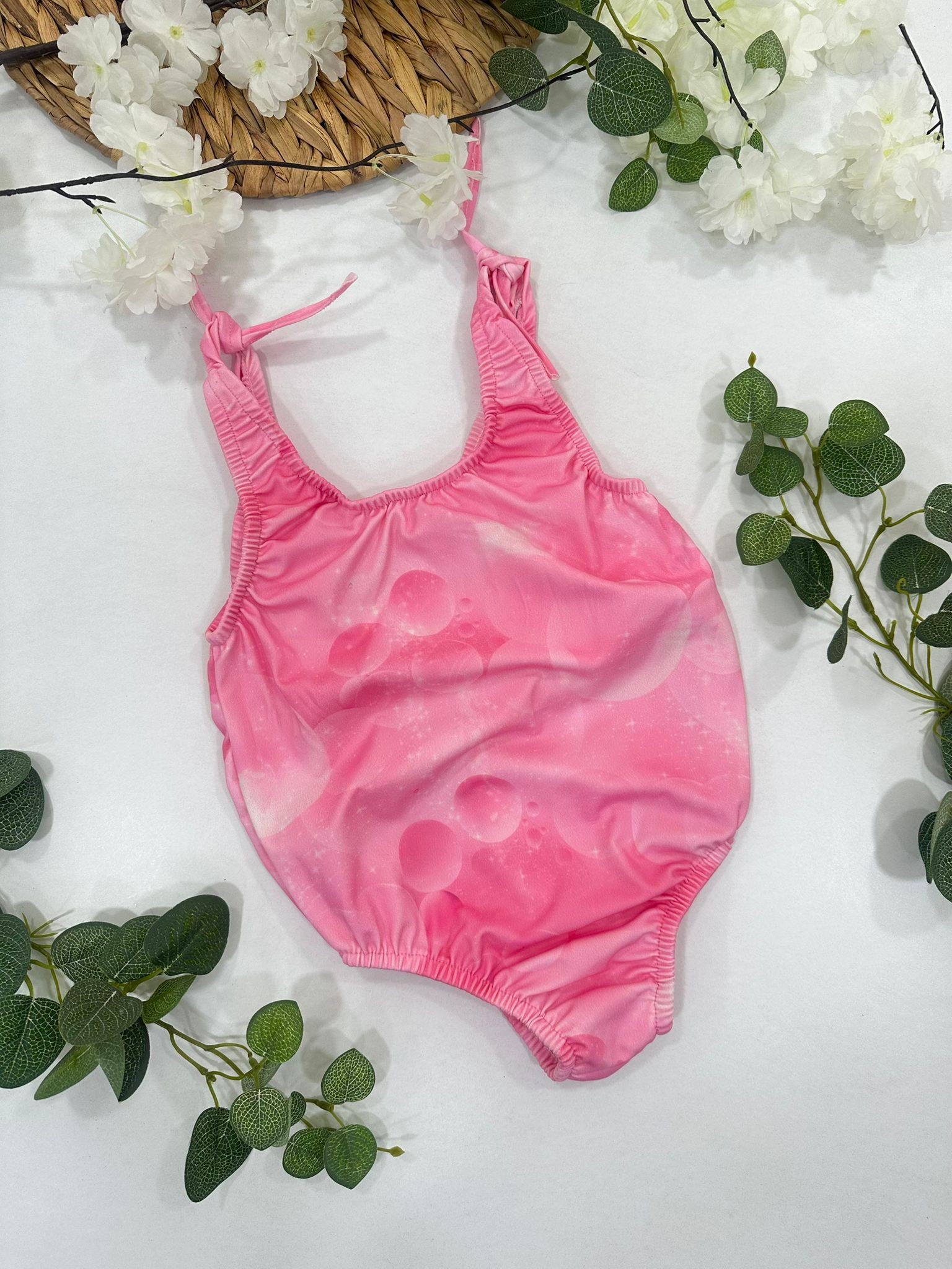 Kız Çocuk Pembe Desenli Bağcıklı Mayo