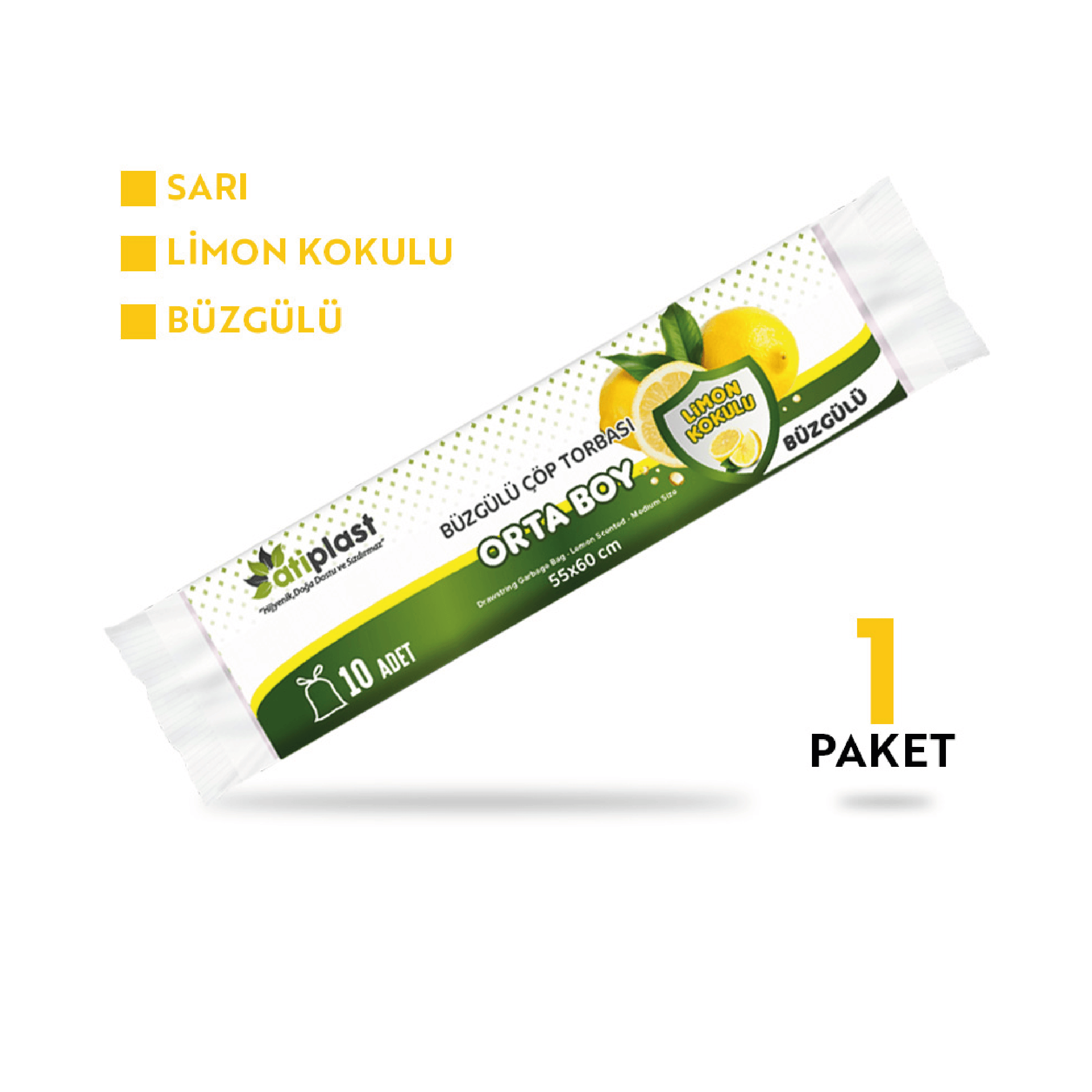 Atiplast Orta Boy Büzgülü Limon Kokuku Çöp Torbası Sarı 55*60/125 gr