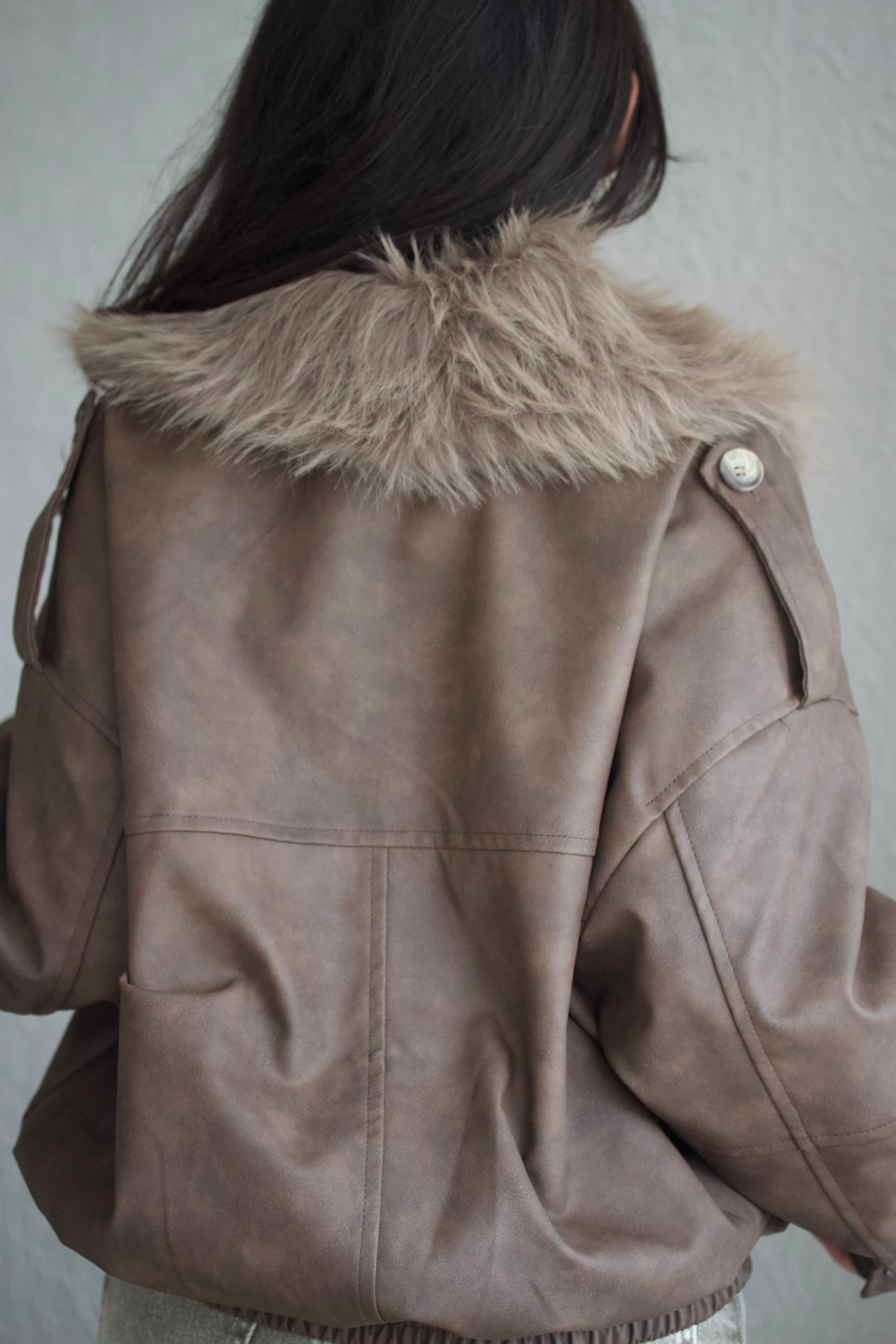 Kahverengi Kürk Yaka Suni Deri Mont 