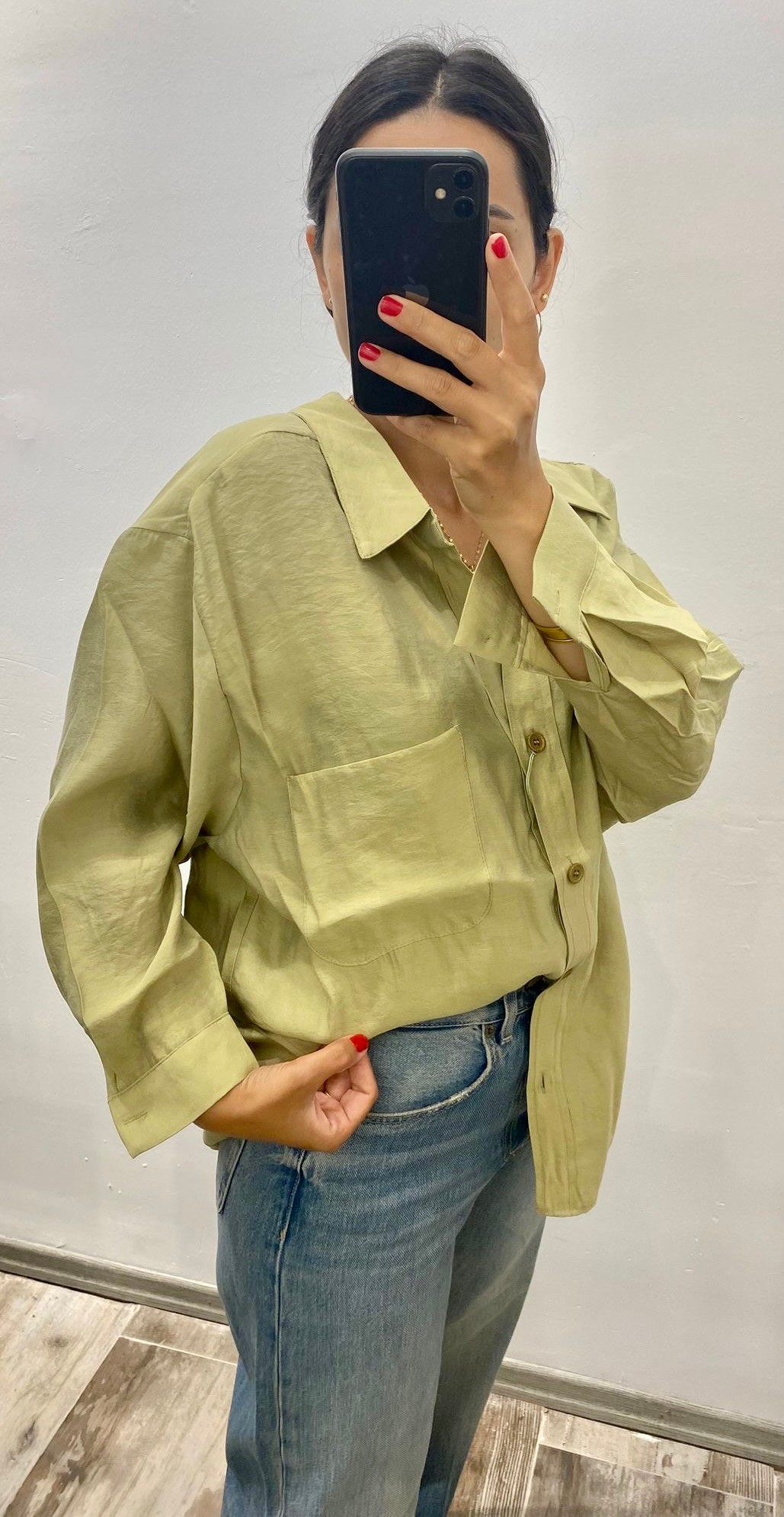 Yeşil Düşük Omuzlu Oversize Gömlek 