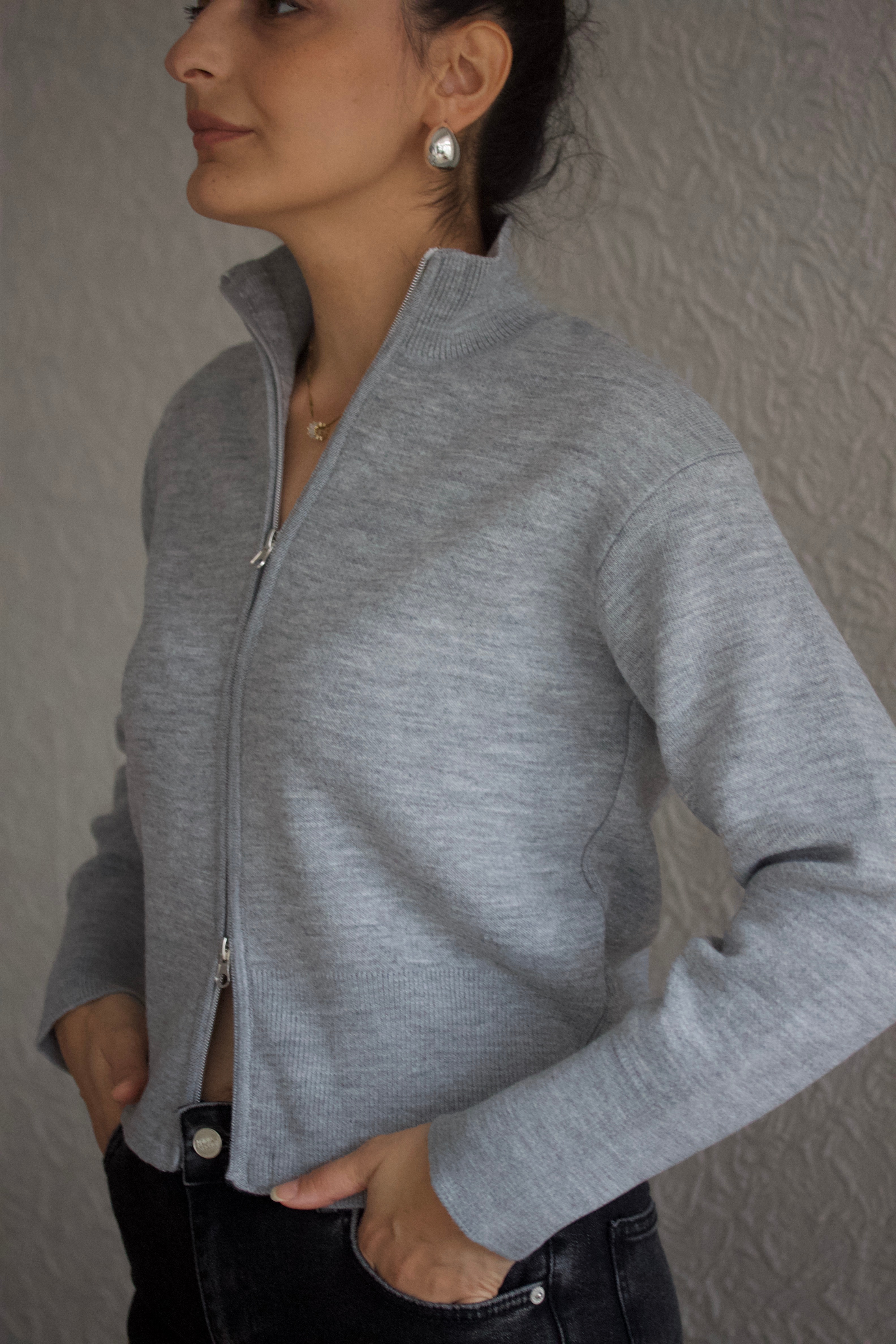 Gri Çift Fermuarlı Hırka 