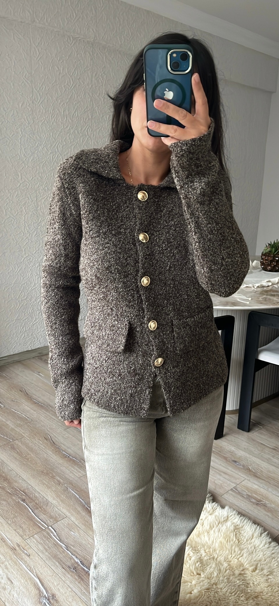 Kahve Polo Yaka Düğmeli Cep Detaylı Triko Hırka