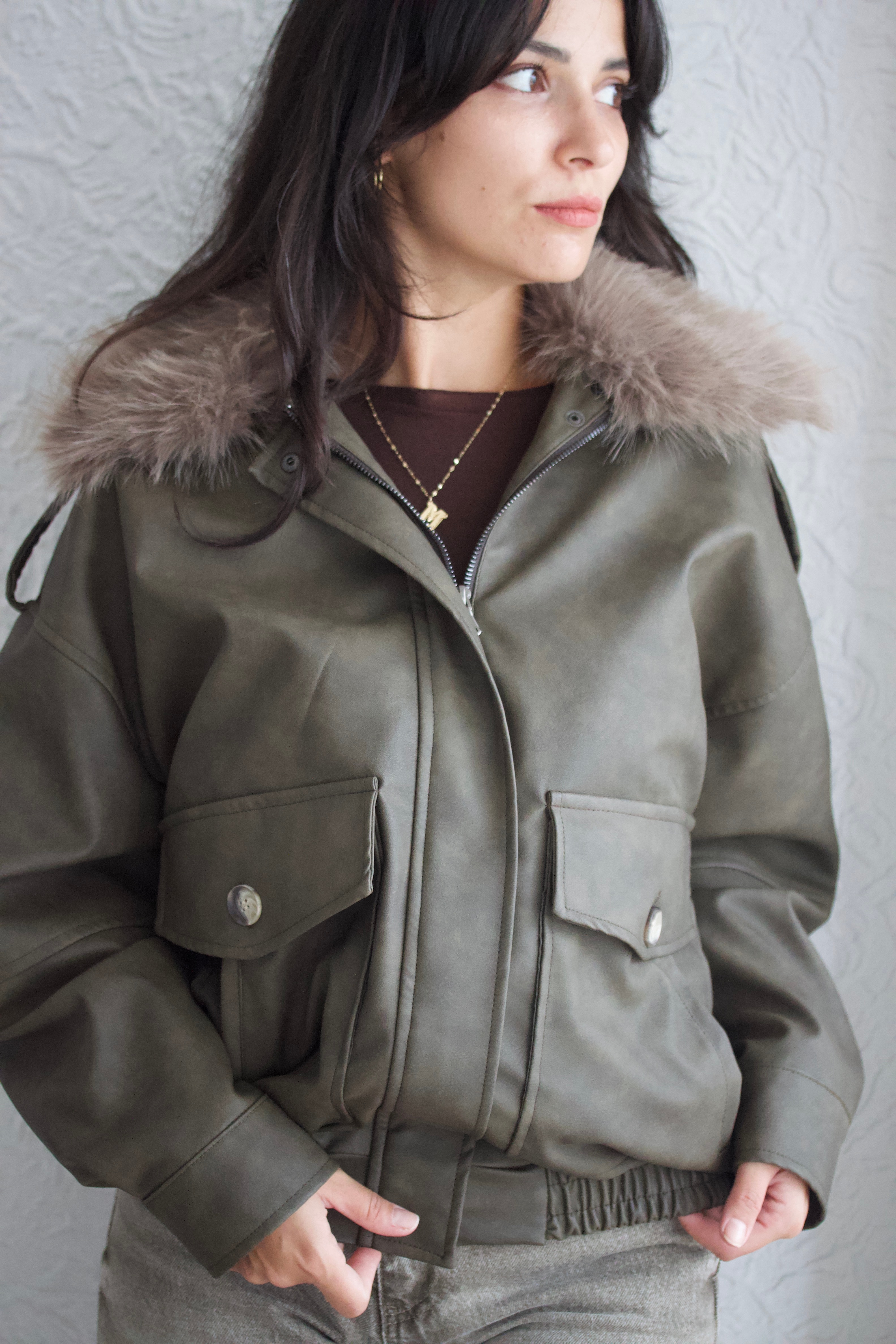 Haki Kürk Yaka Suni Deri Mont 