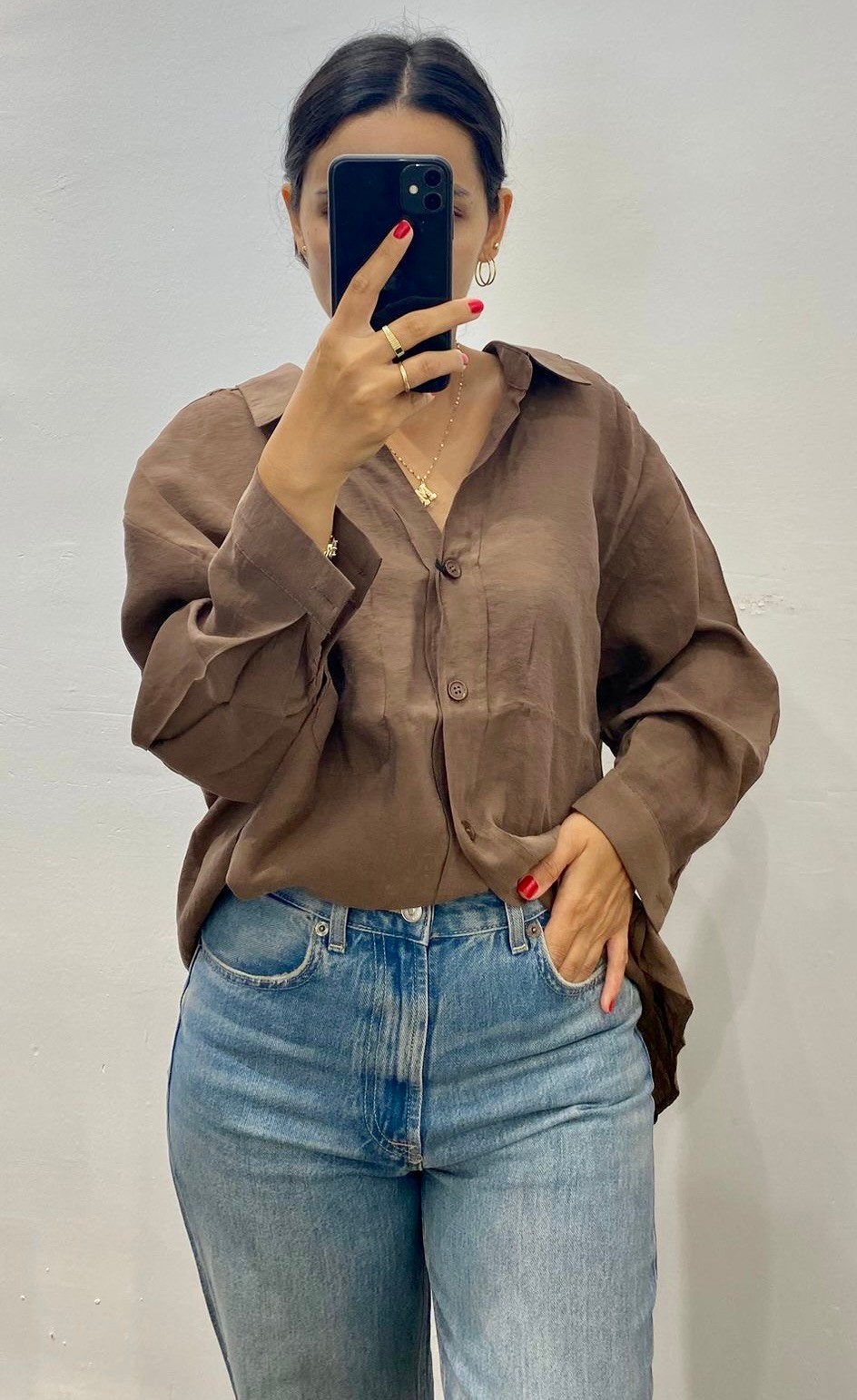 Kahve Düşük Omuzlu Oversize Gömlek
