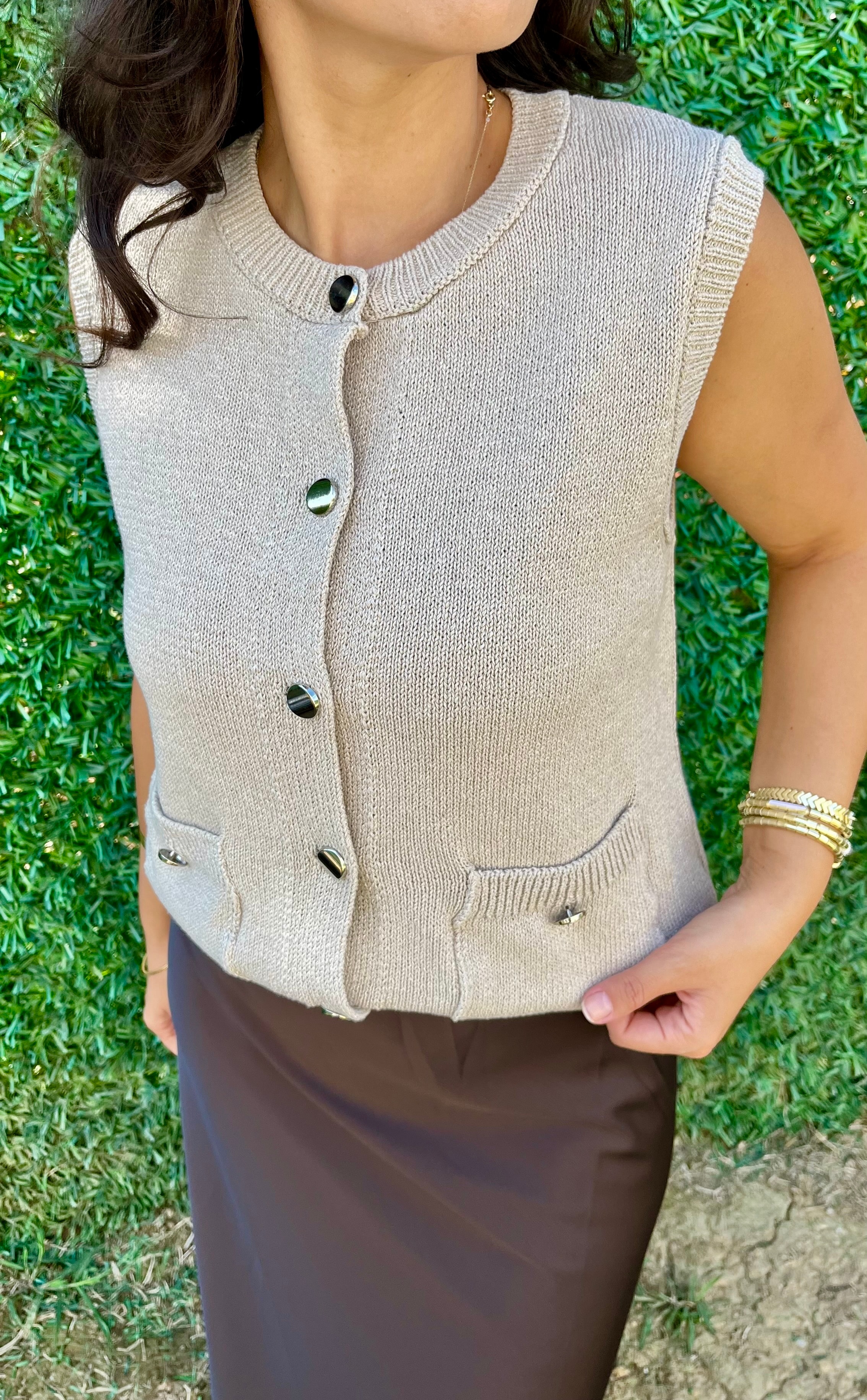 Vizon Düğme Detaylı Triko Yelek 