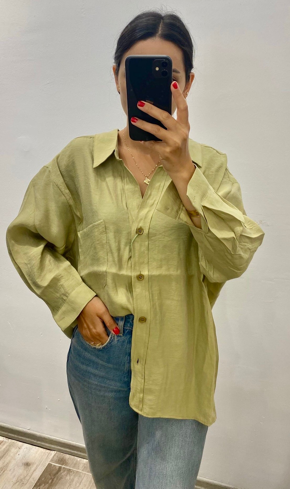 Yeşil Düşük Omuzlu Oversize Gömlek 