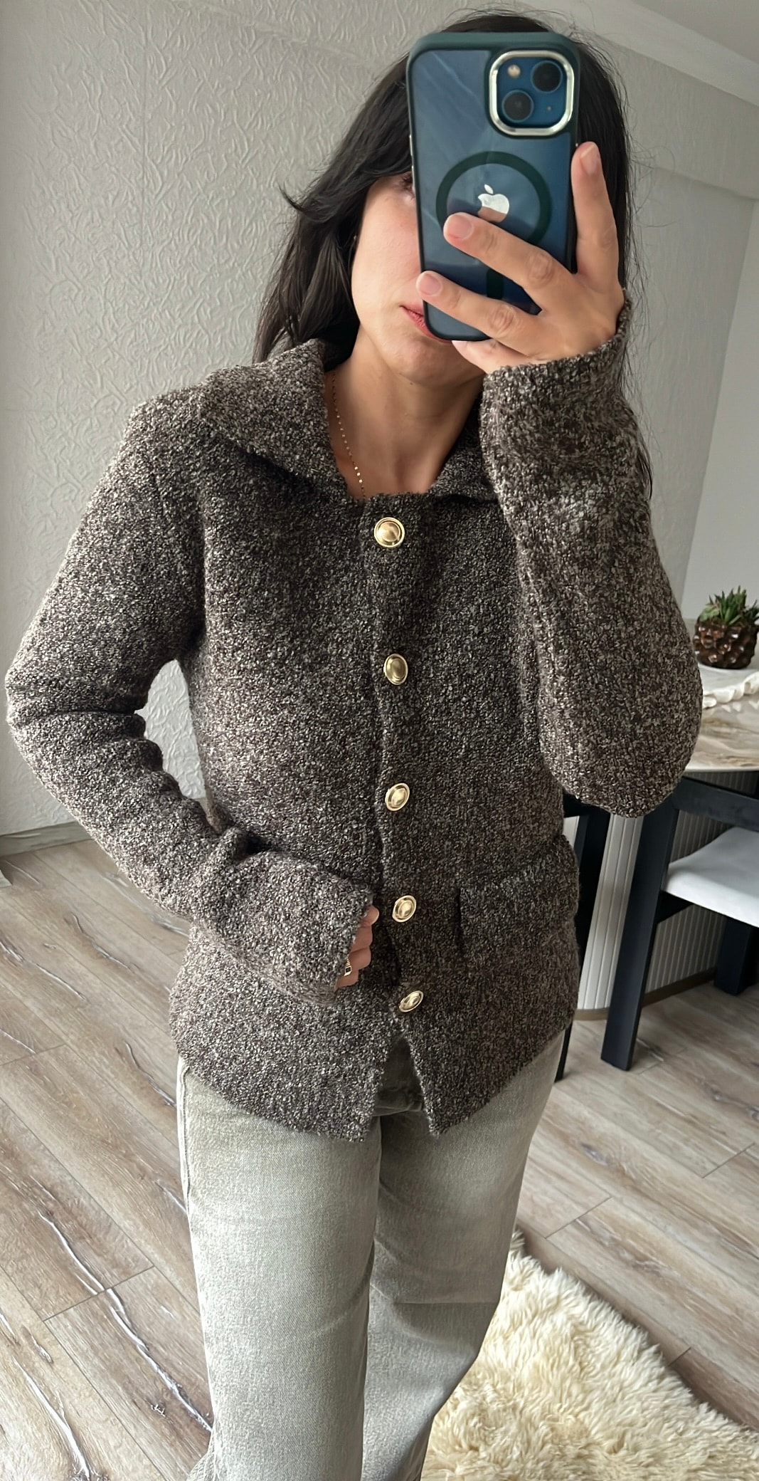 Kahve Polo Yaka Düğmeli Cep Detaylı Triko Hırka