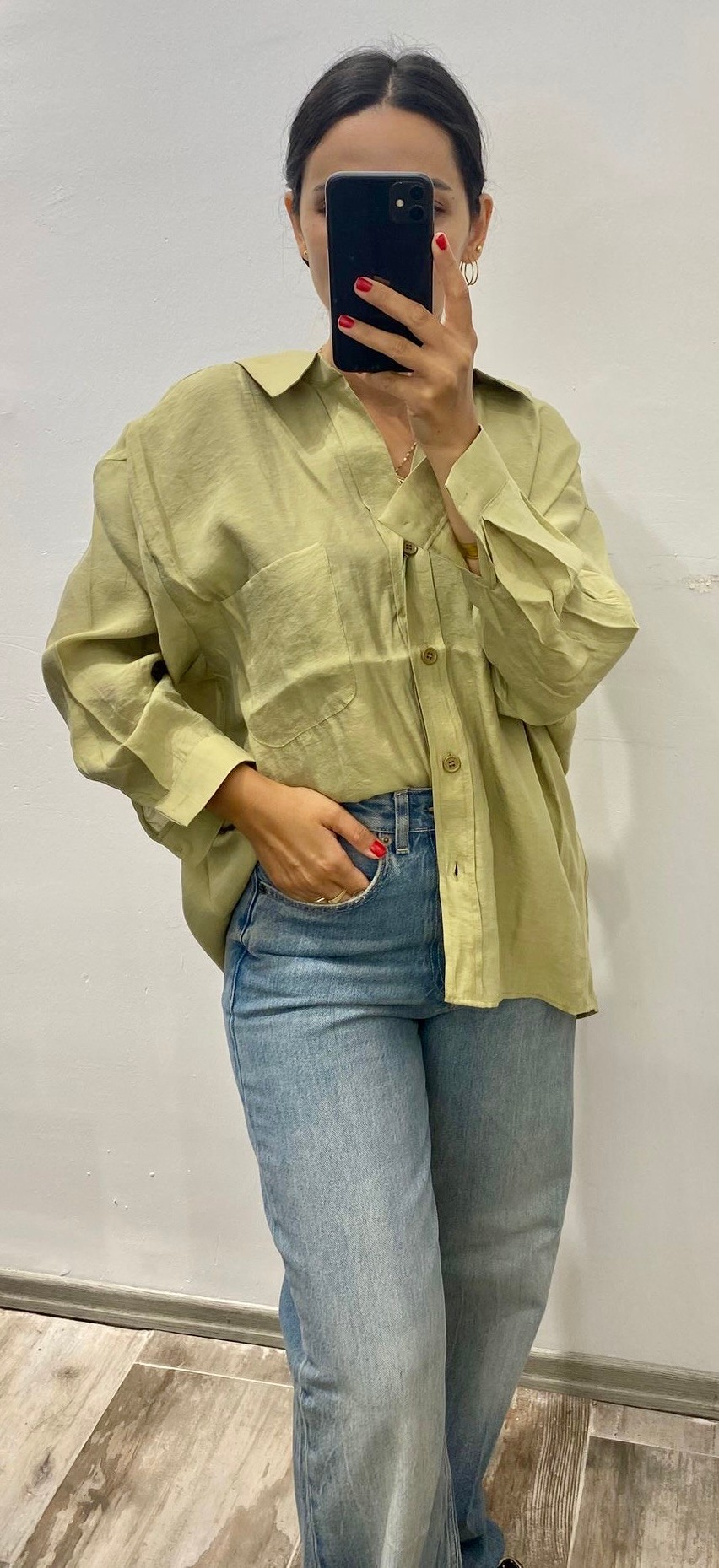 Yeşil Düşük Omuzlu Oversize Gömlek 