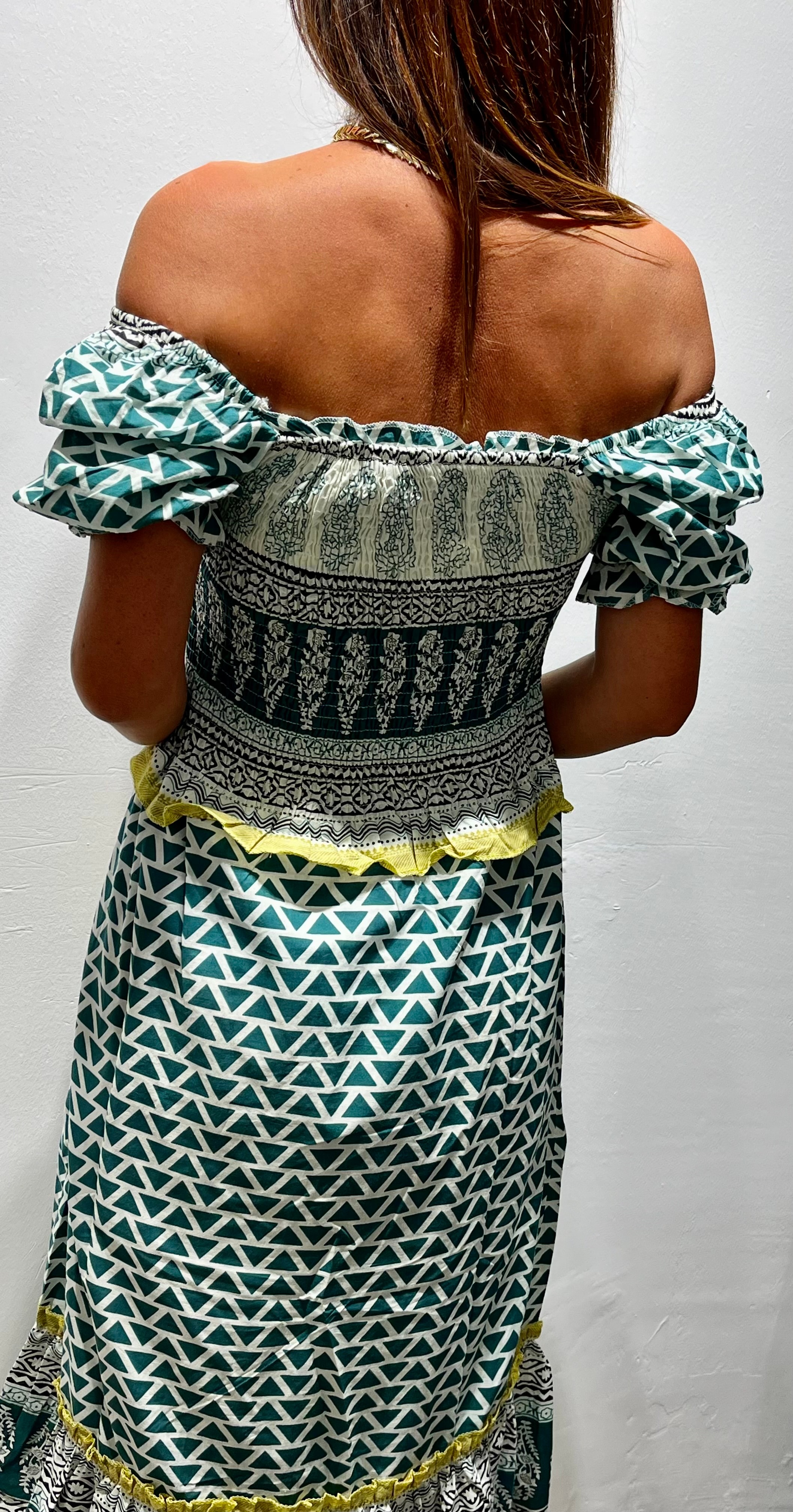 Yeşil Etnik Madonna Yaka Elbise 