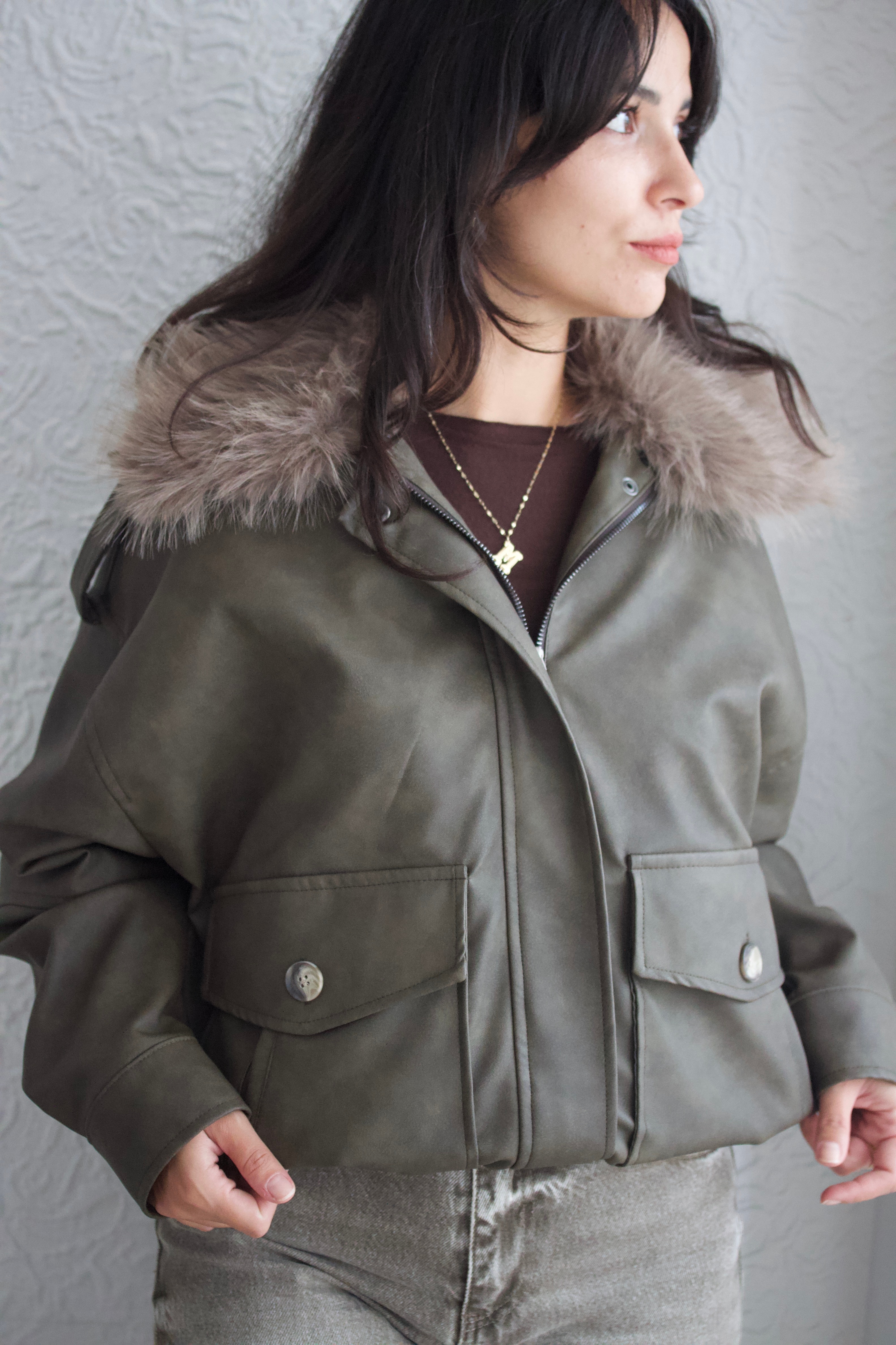 Haki Kürk Yaka Suni Deri Mont 