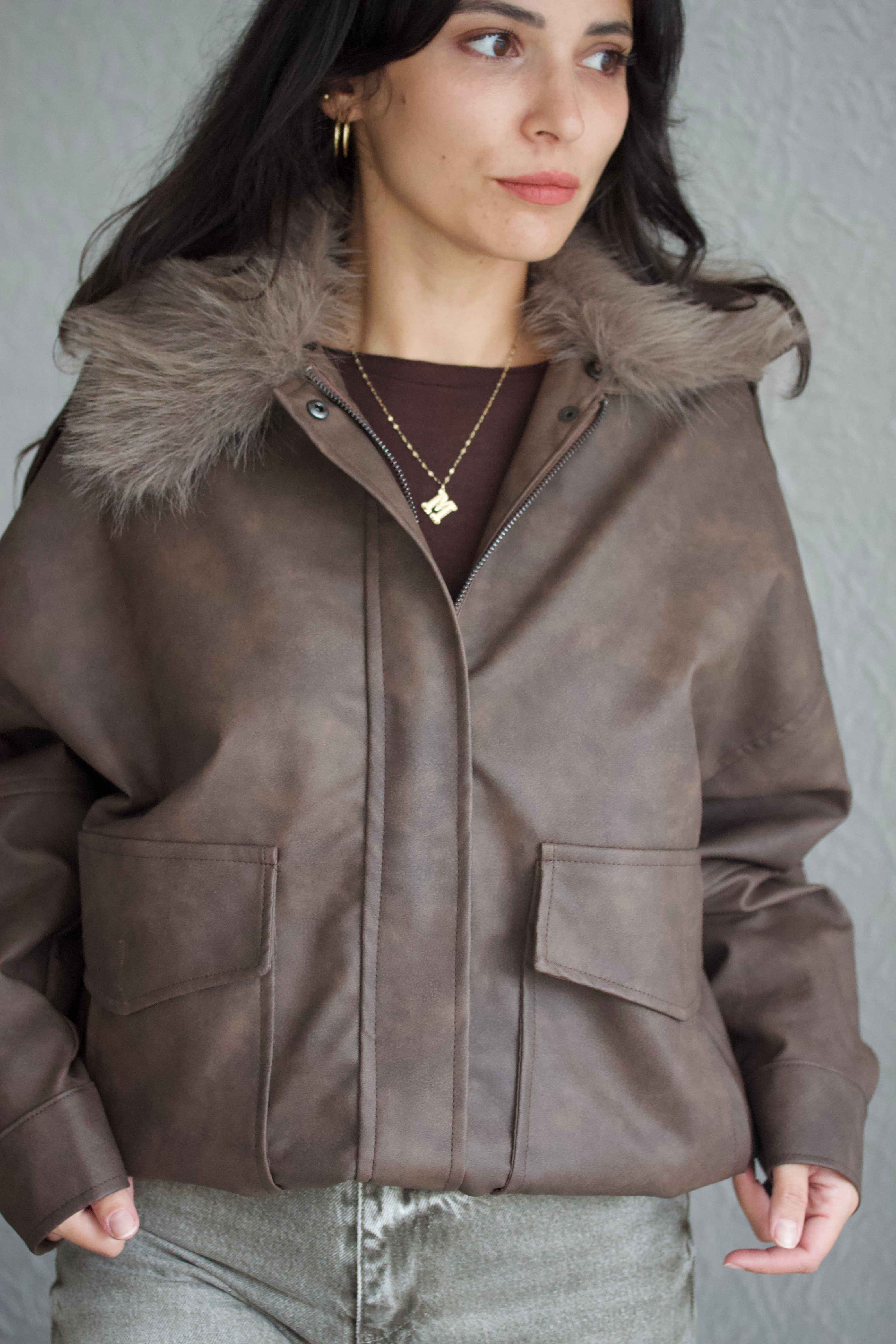 Kahverengi Kürk Yaka Suni Deri Mont 