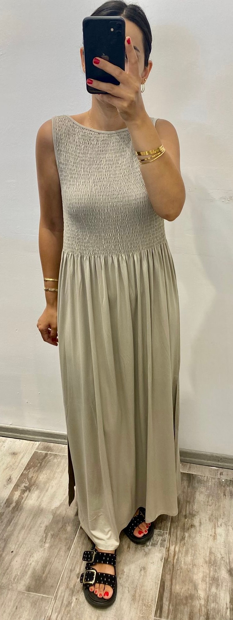 Krem Rengi Gipeli Maxi Boy Elbise