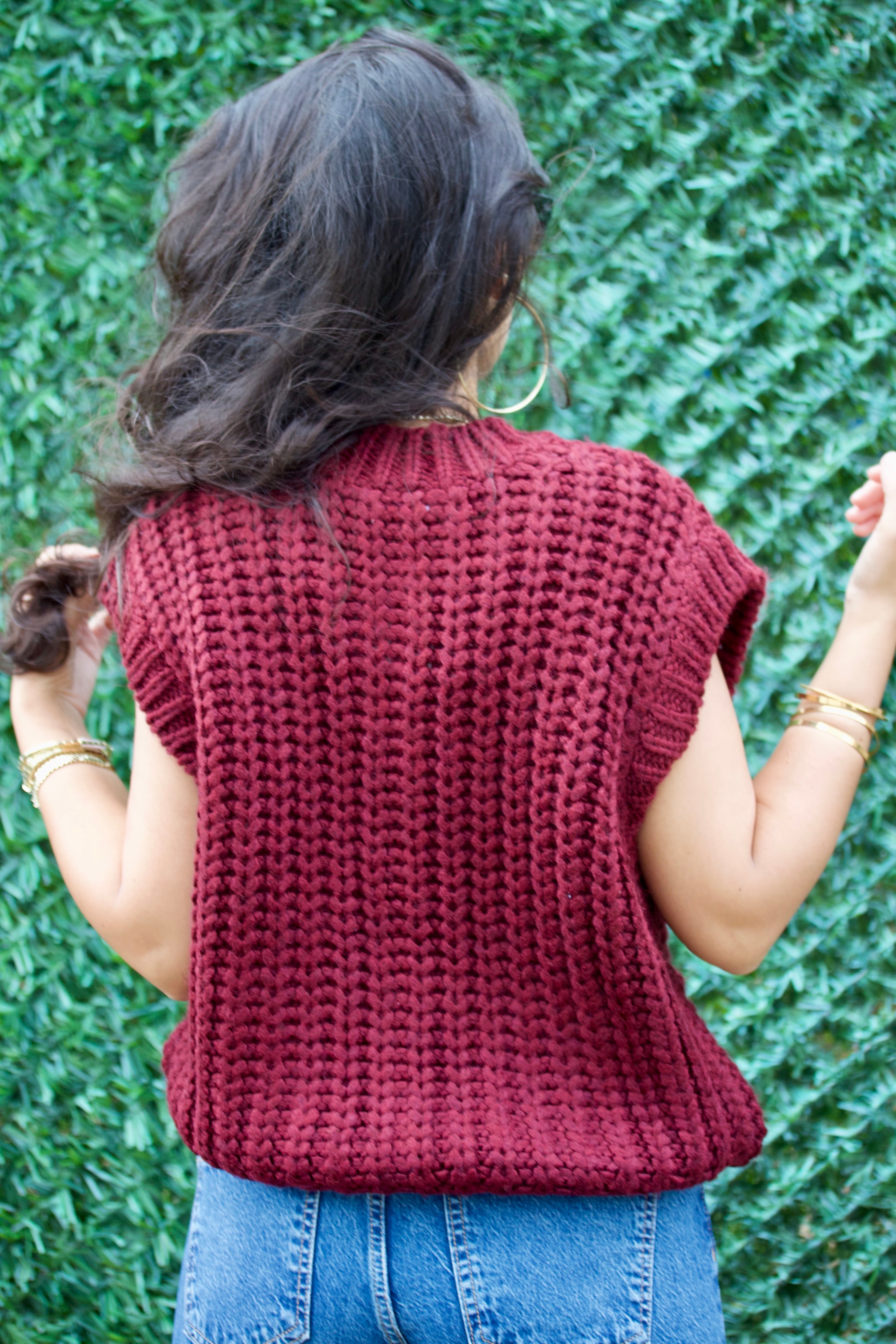 Bordo Bisiklet Yaka Yumuşak Dokulu Cepli Düğmeli Triko Yelek