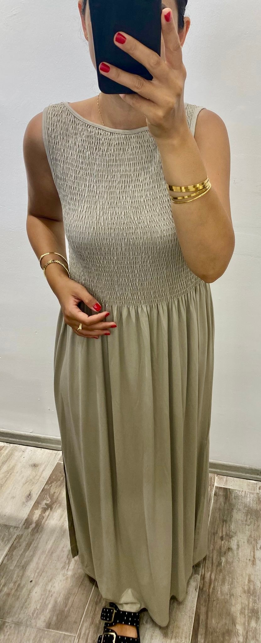 Krem Rengi Gipeli Maxi Boy Elbise