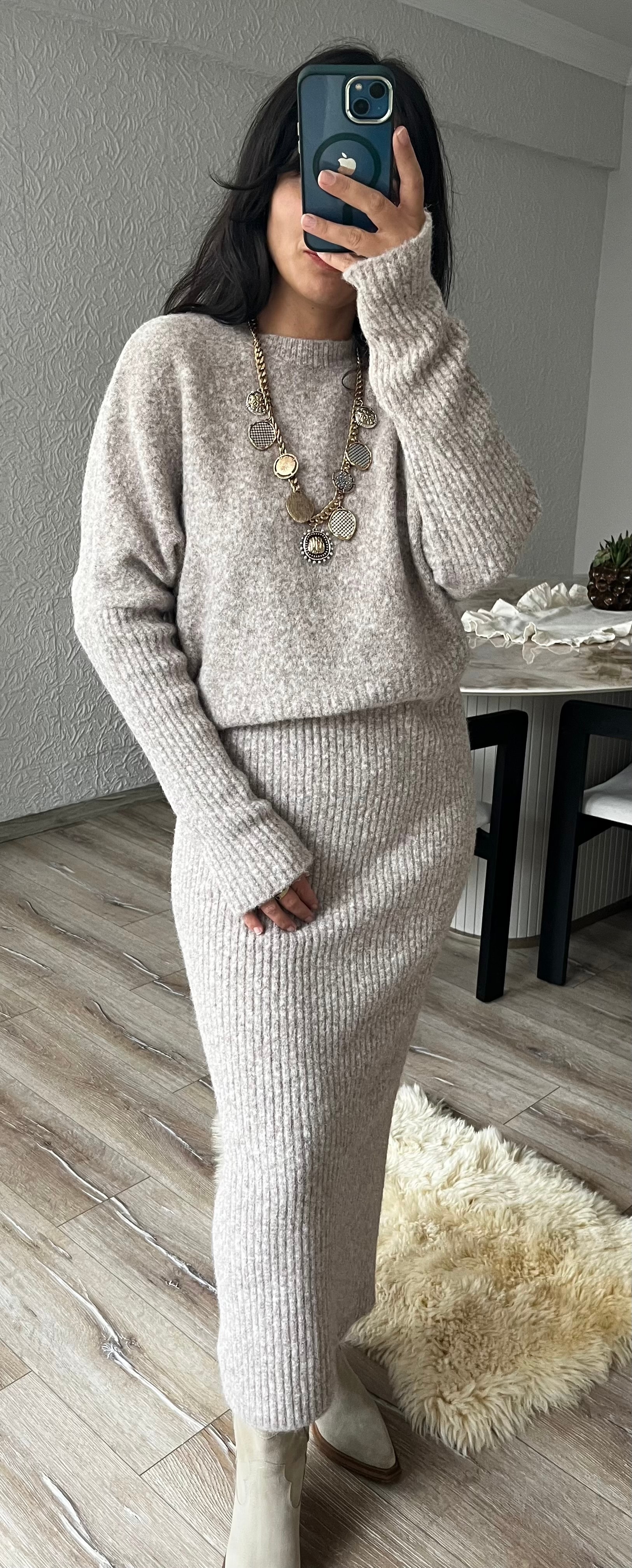 Bej Triko Midi Elbise 