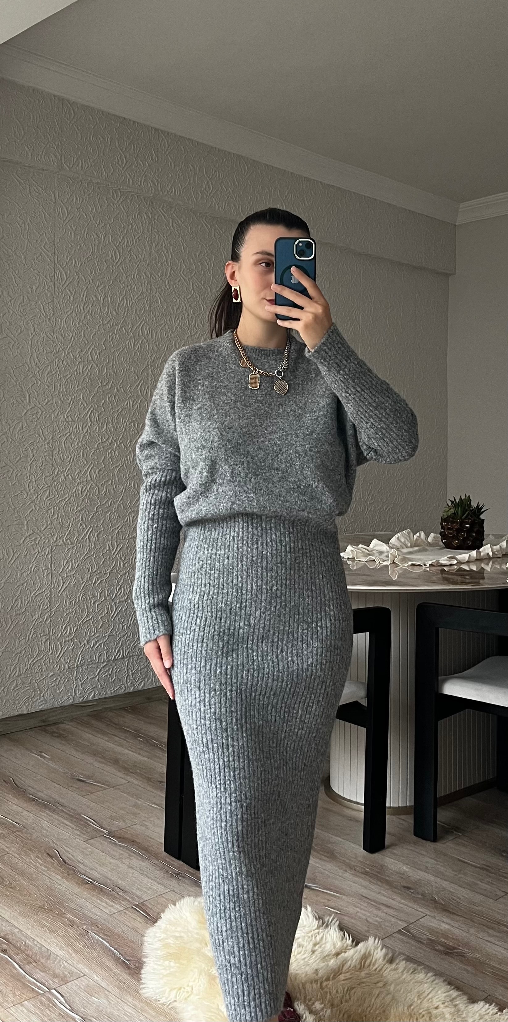 Gri Triko Midi Elbise 