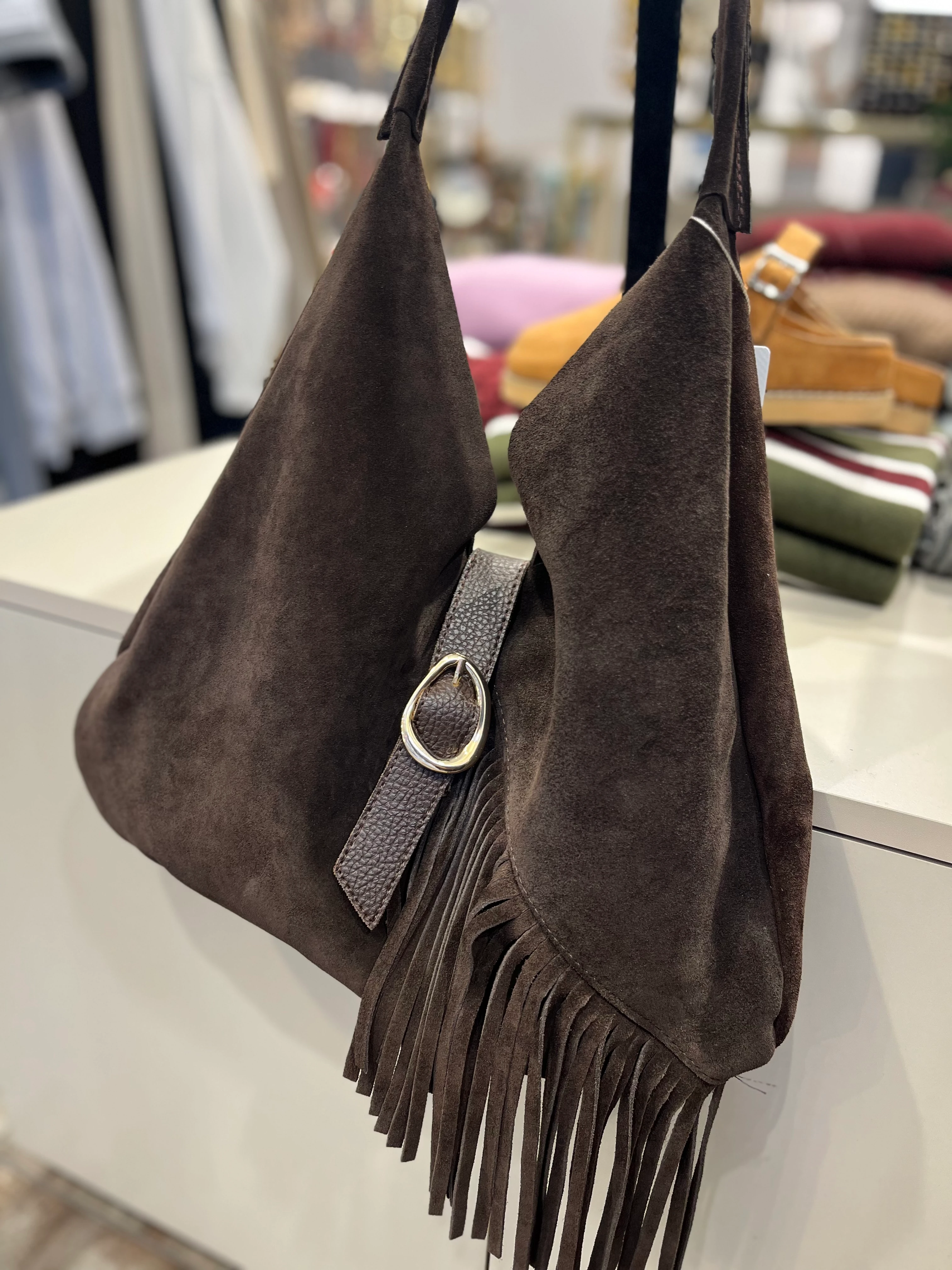 Hakiki Süet Deri Acı Kahve Püsküllü Çanta 