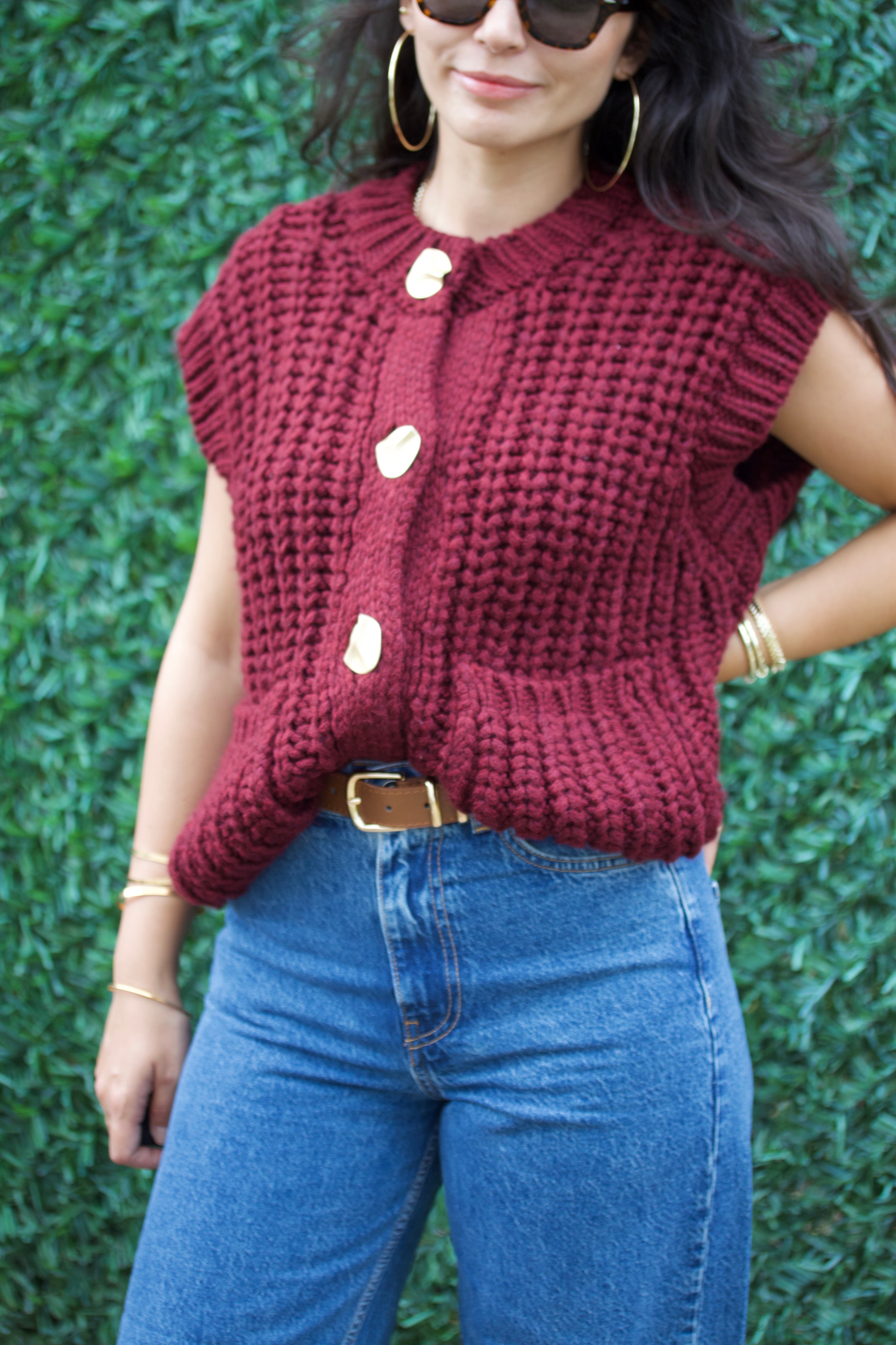 Bordo Bisiklet Yaka Yumuşak Dokulu Cepli Düğmeli Triko Yelek