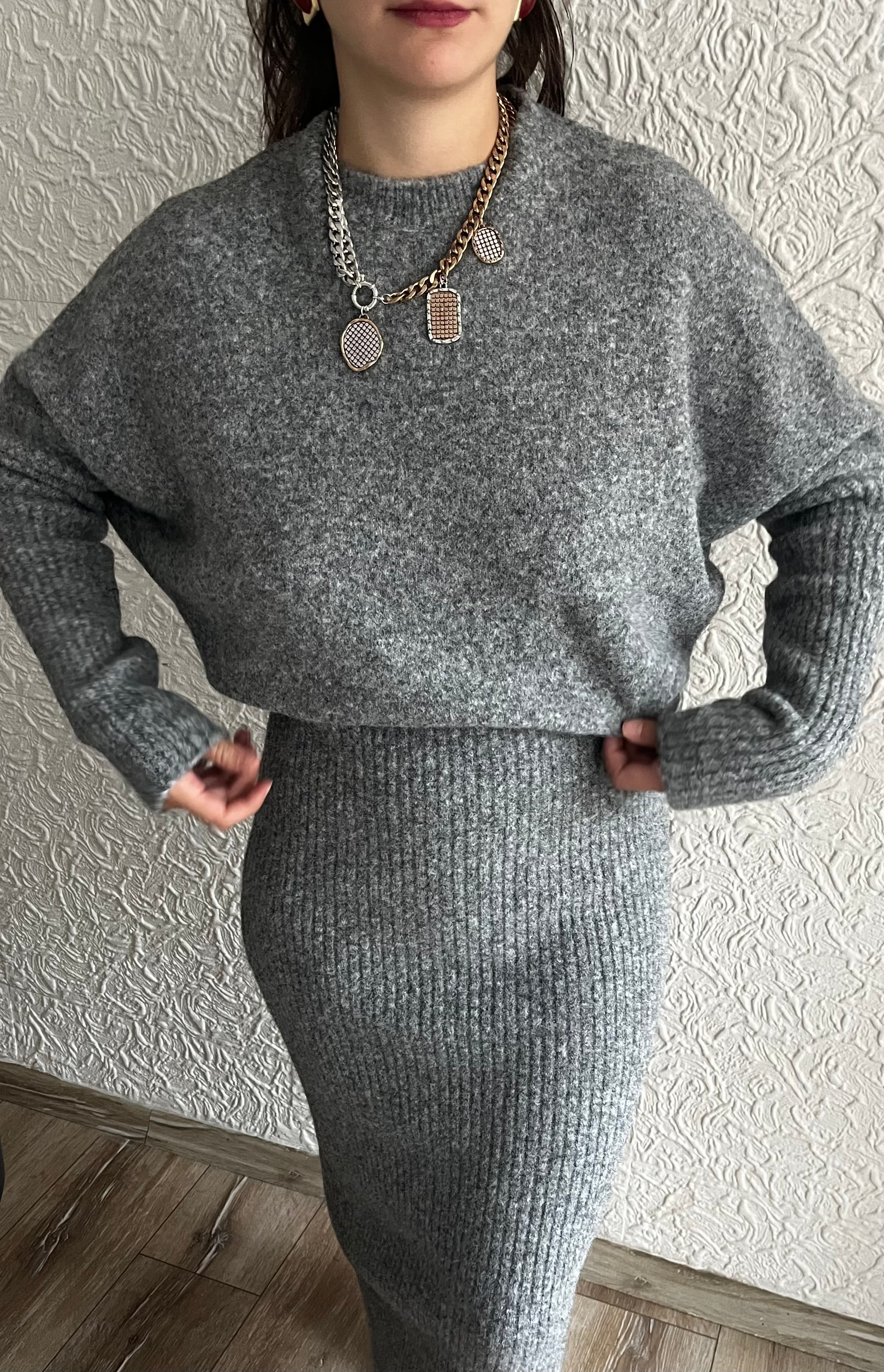 Gri Triko Midi Elbise 