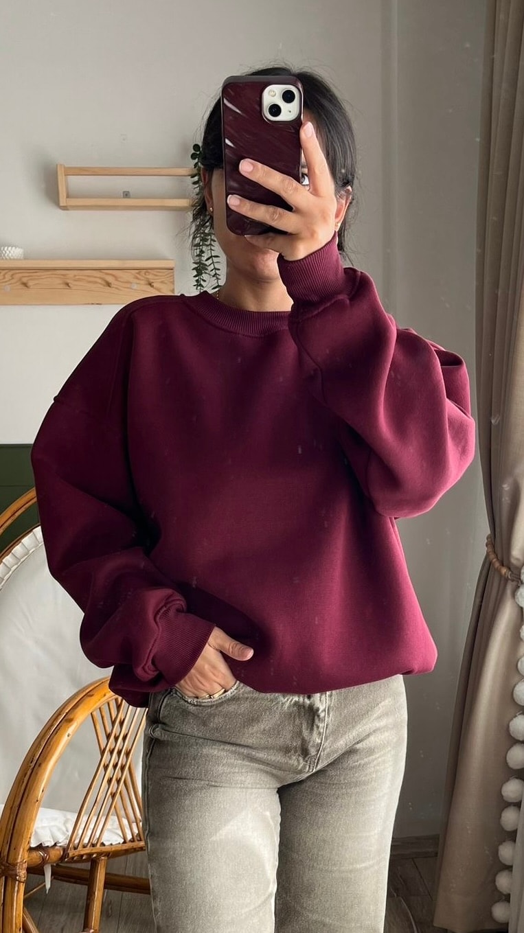 Bordo Oversize Şardonlu Sweatshirt